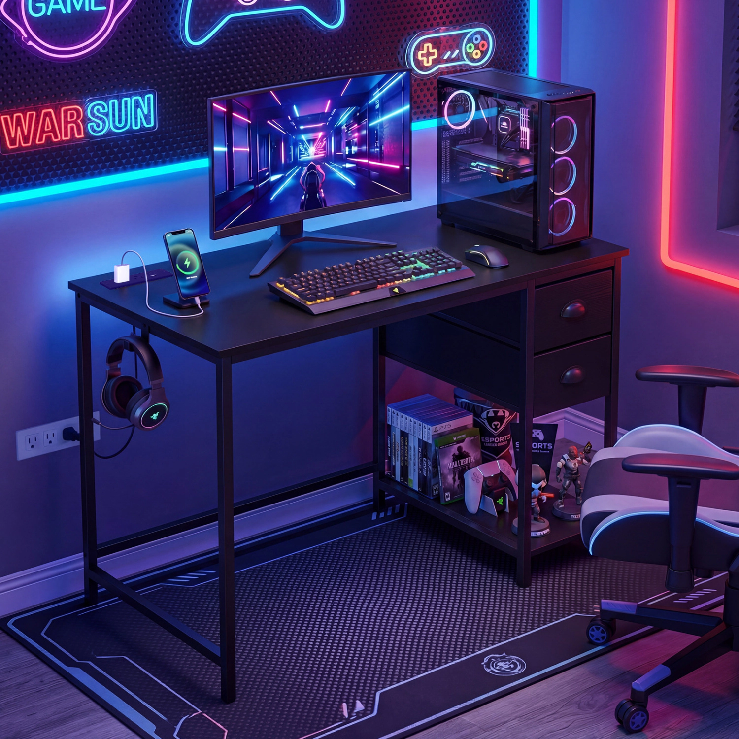 LJG Computer Desk with Charging Station and 2 Fabric Drawers for Small Spaces