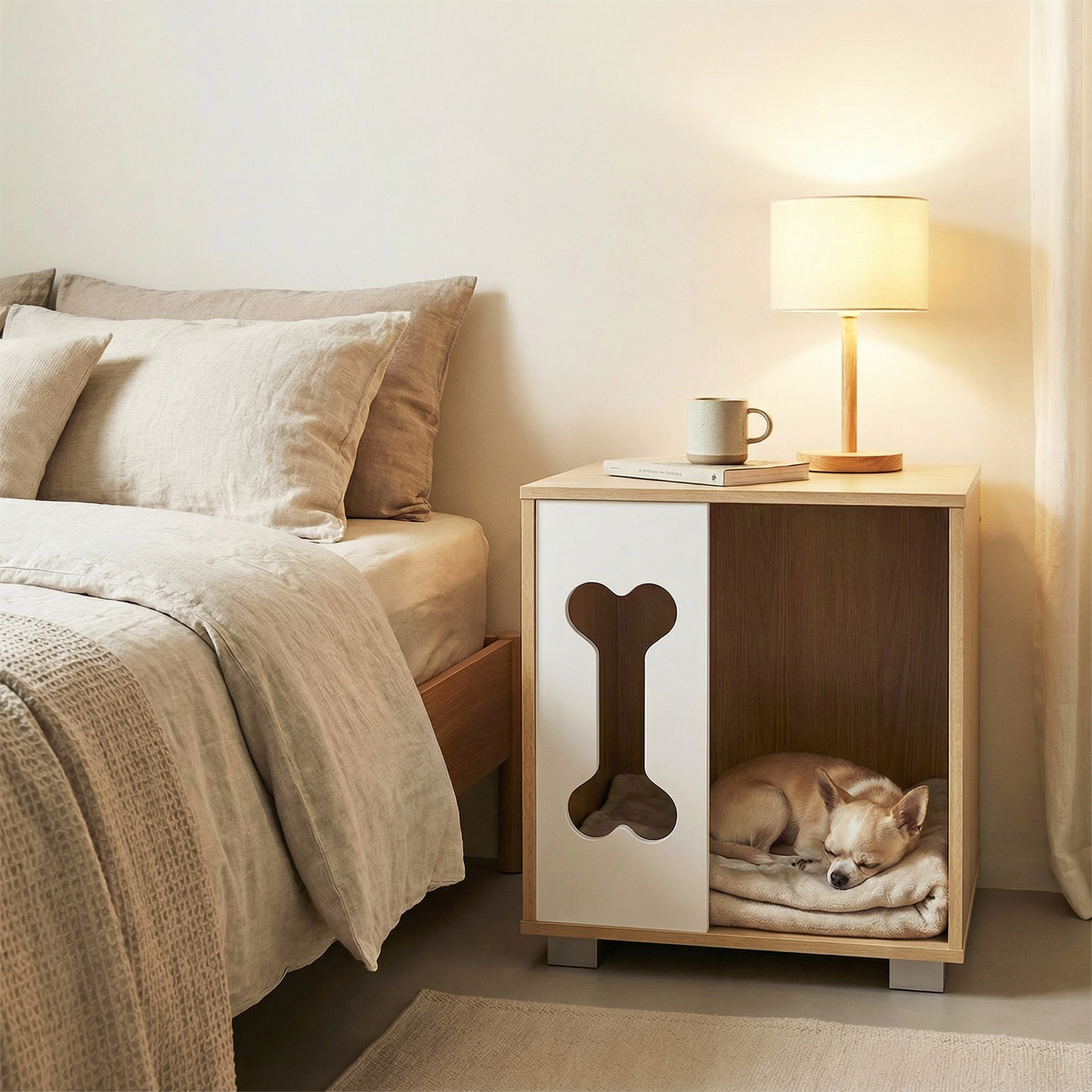SUGIFT Wooden Cat House Side Table with Bone Shape Window Thick Metal Legs and 22-lb Tabletop for Cats