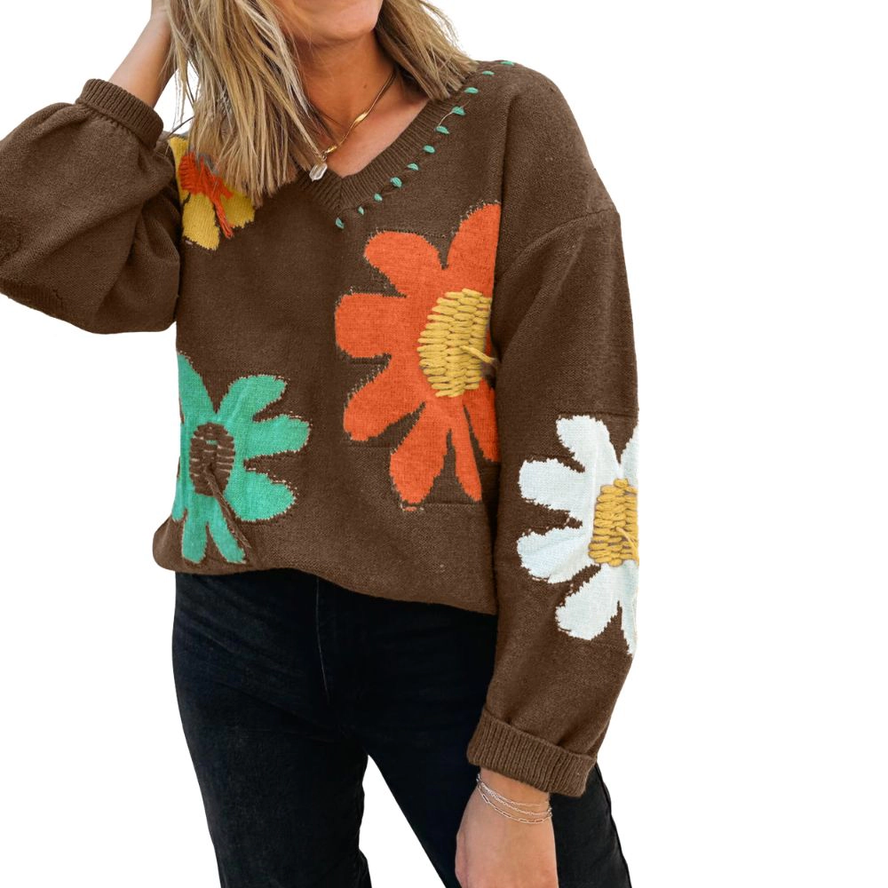 Sol Living Womens Big Flower Pattern V Neck Drop Shoulder Sweater