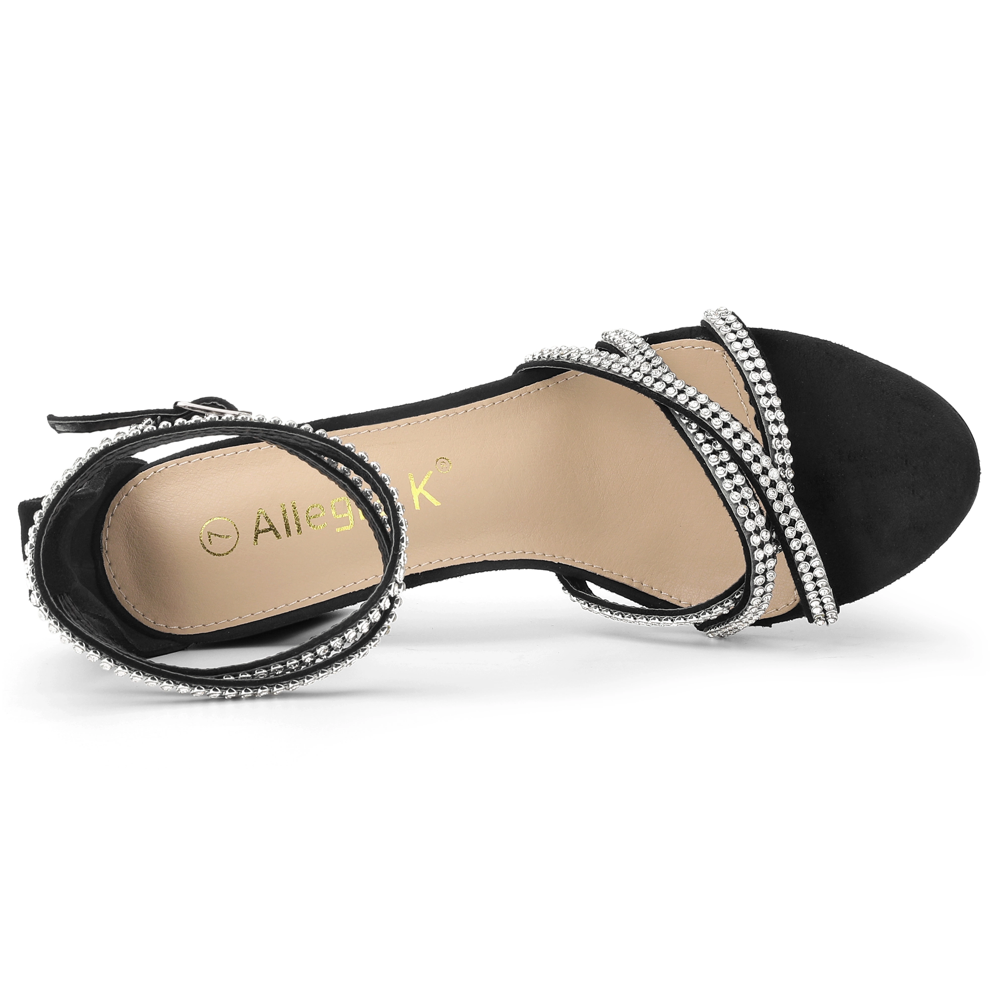 BLISSFUL STEP Women's Rhinestones Strappy Chunky Heel Sandals