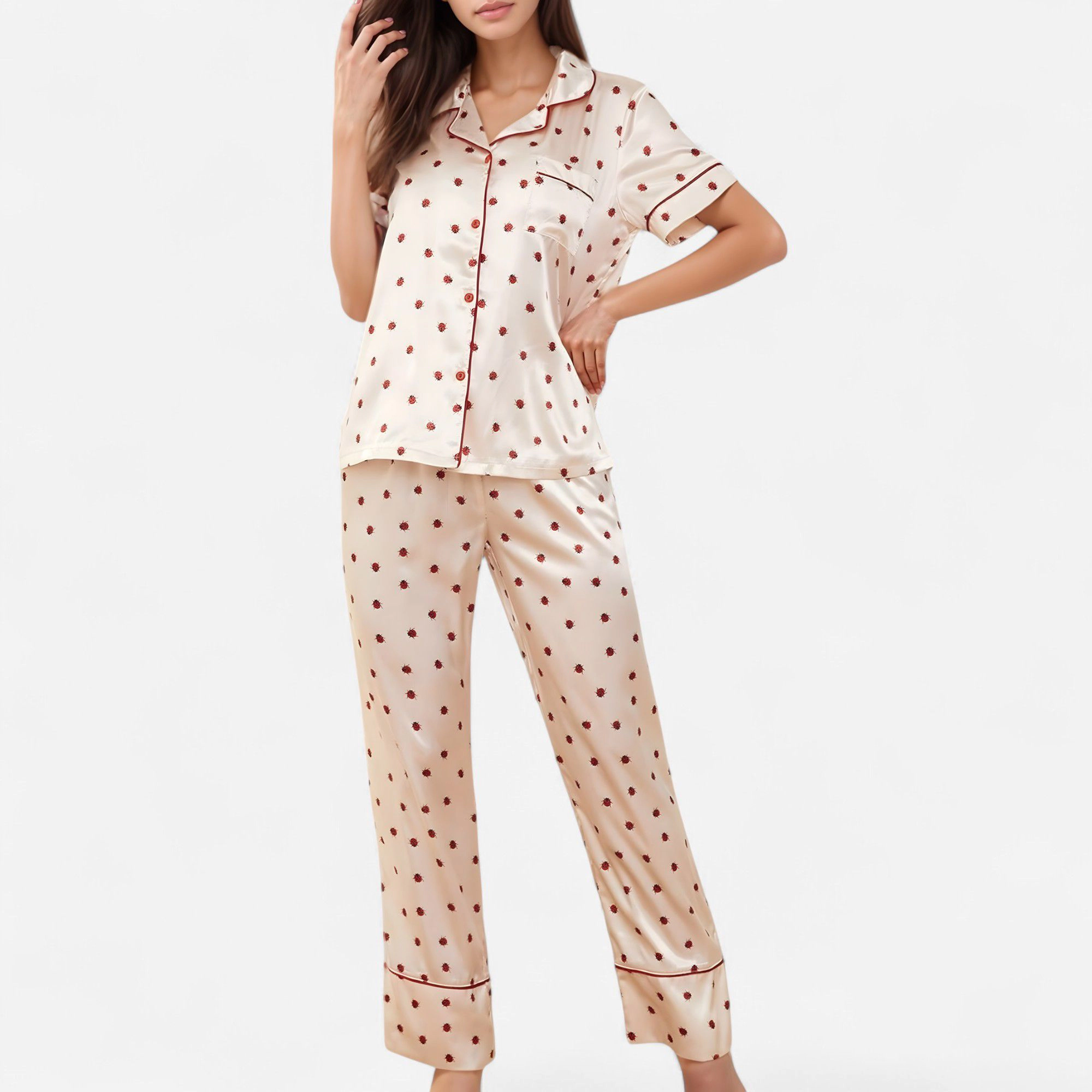 Anna-Kaci Women's Satin Pajama Set with Short Sleeve Notch Collar Button Up Top and Polka Dot Wide Leg Pants