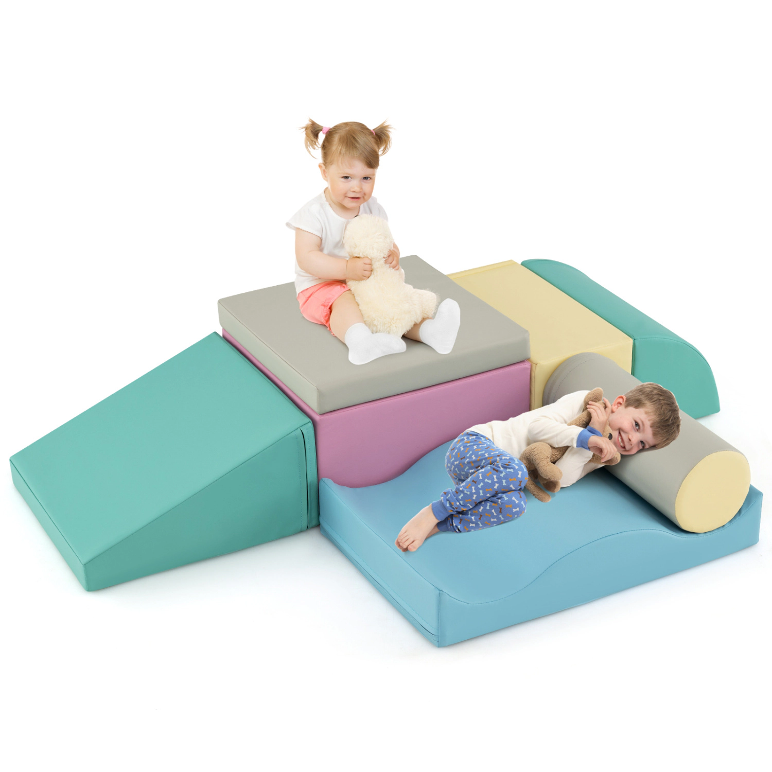 LJG Kids 7-Piece Soft Play Equipment with Zippered PU Cover Indoor Foam Climbing Blocks