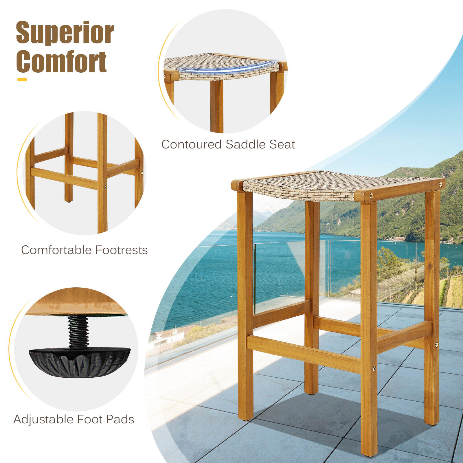 SUGIFT Patio Bar Stools 400-lb Capacity 30-in Tall Fits 39.5-47 in Bar Tables Light Brown and Teak