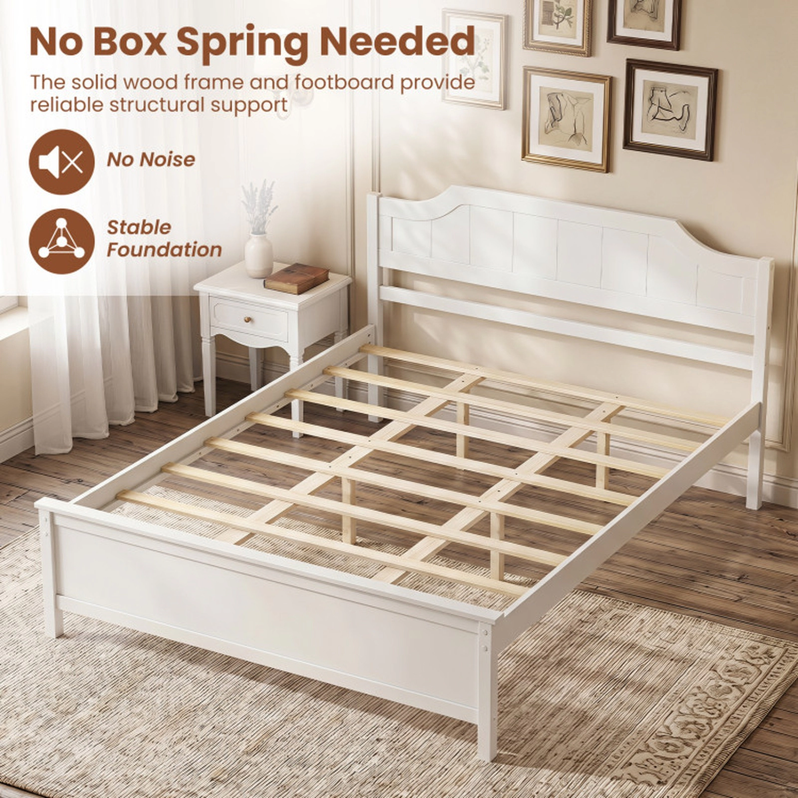 SUGIFT Queen Size Solid Pine Wood Panel Headboard Platform Bed Frame 84-in x 64.5-in x 39-in 440-lb Capacity White