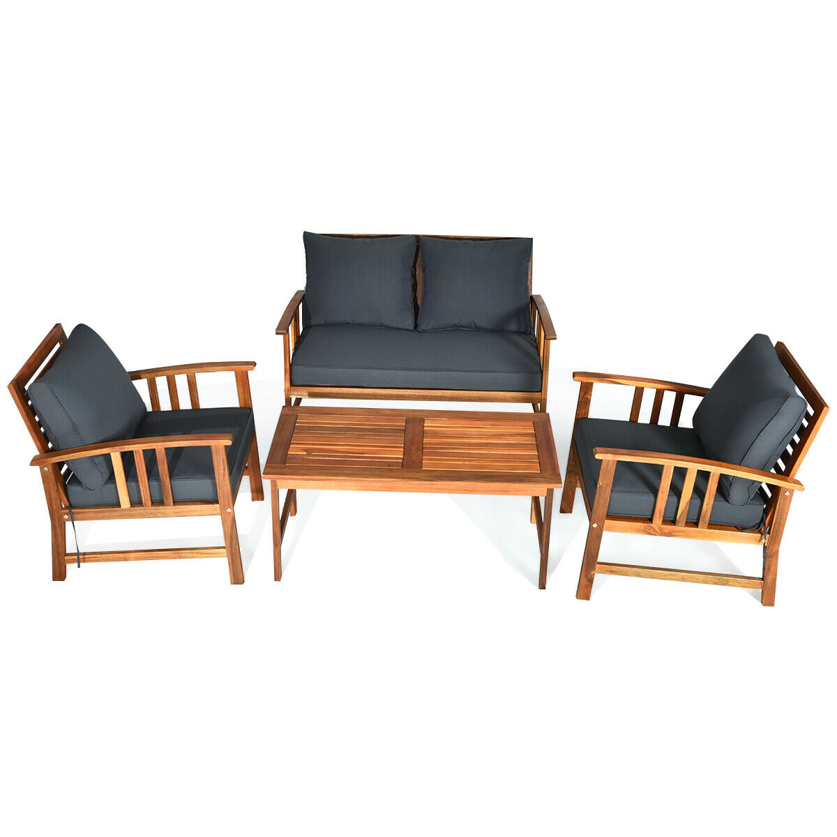LJG 4 Pcs Wooden Patio Furniture Set Table Sofa Chair Cushioned Garden