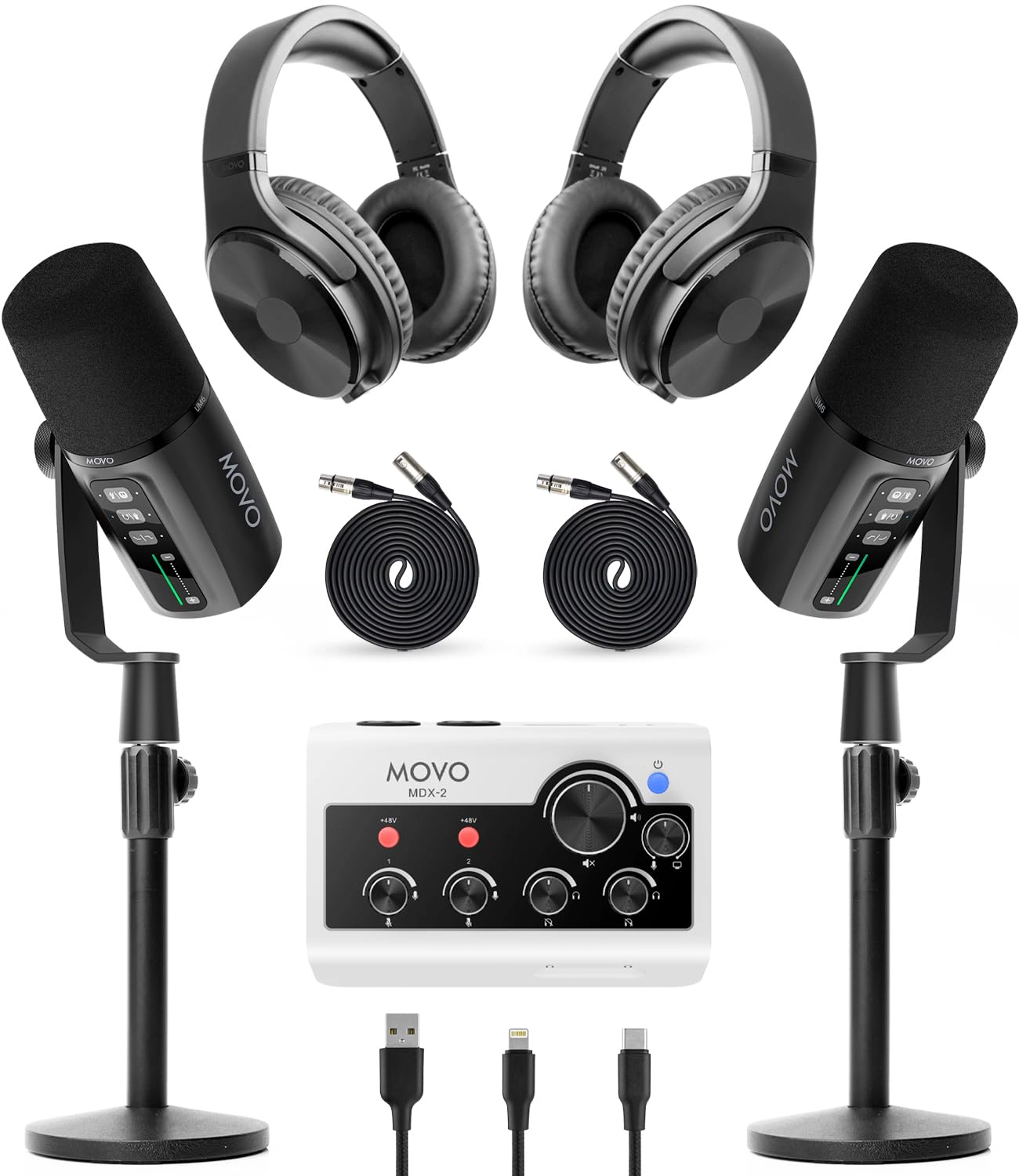 Movo Podcast Equipment Bundle for iPhone Android with Audio Interface 2 Dynamic Mics 2 Headphones and Table Stands