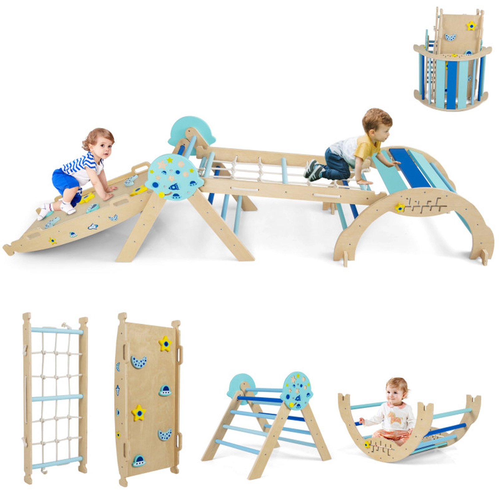 SUGIFT Balance Bridge Ramp and Toy Blocks 8-in-1 Foldable Baby Climbing Triangle Set