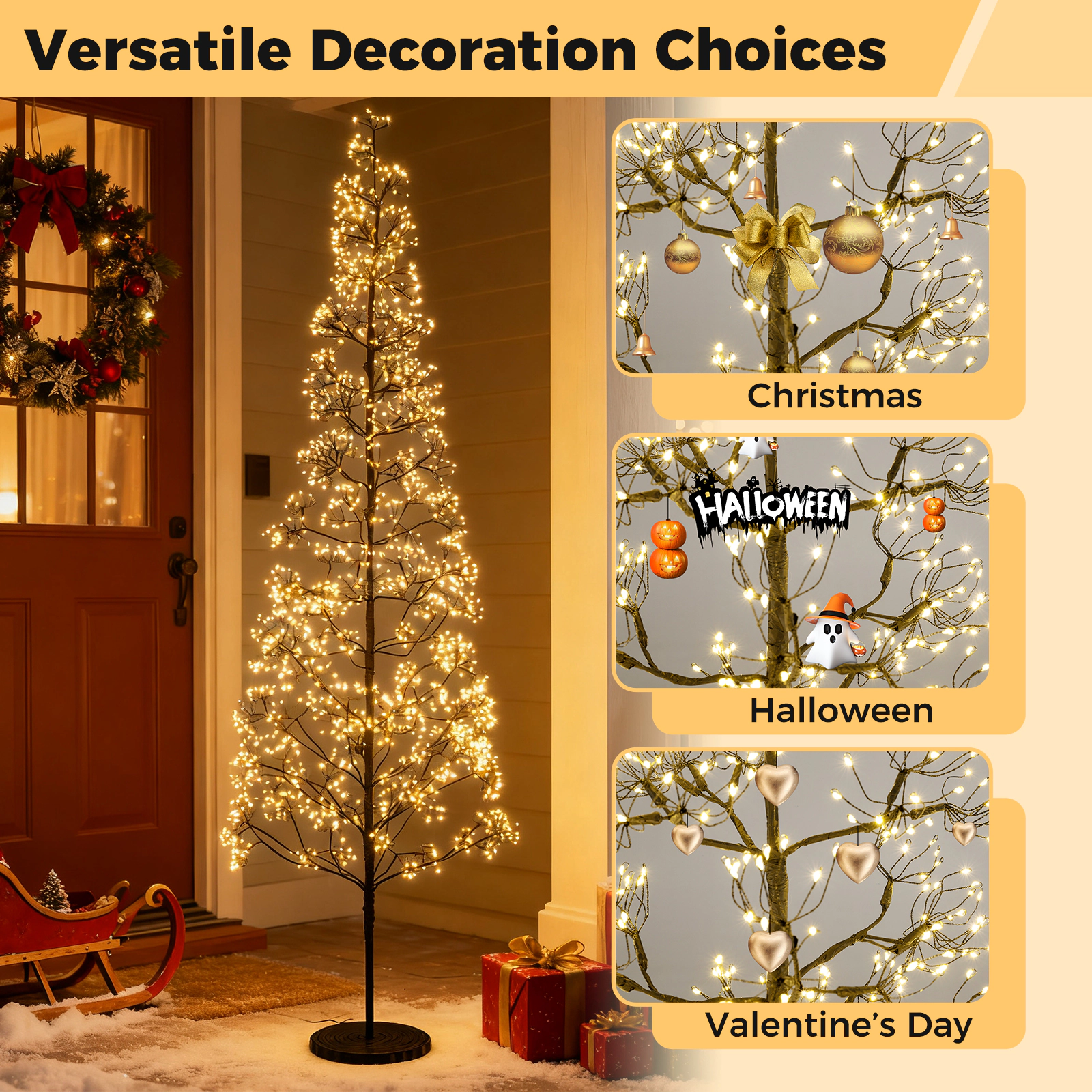 SUGIFT 7-ft Pre-Lit Lighted Alpine Cedar Tree with 2100 Warm White LED Lights and Weighted Base
