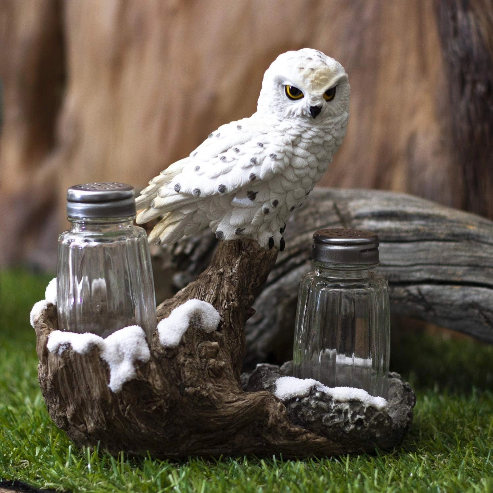 Pacific Giftware Snow White Owlet Owl On Snowy Branch Glass Salt Pepper Shakers with Holder