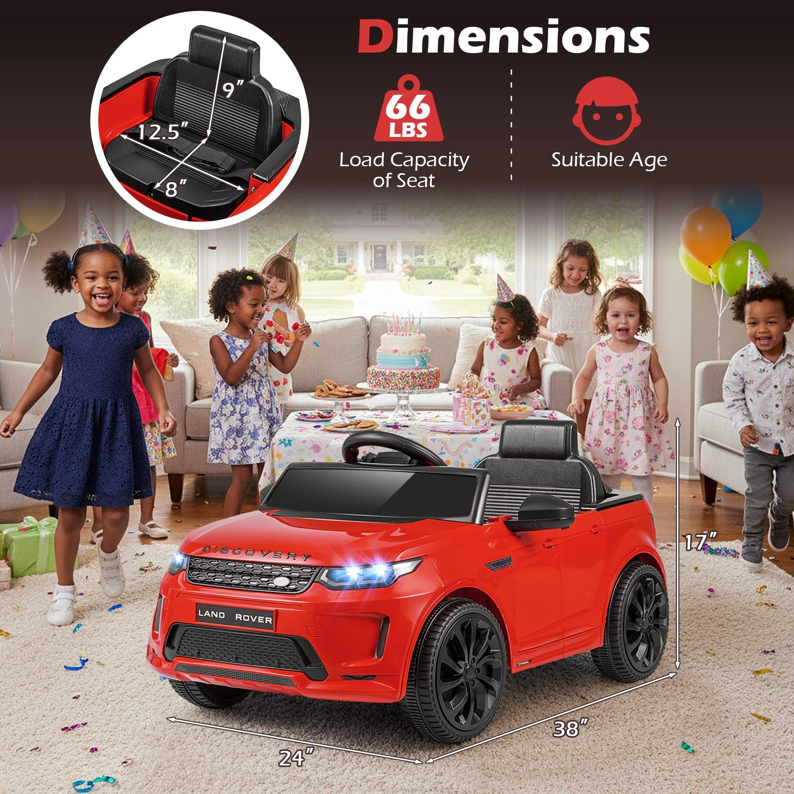 SUGIFT Licensed Land Rover Kids Ride-On Car 12V Battery Powered Electric Car 66-lb Capacity Ages 3+ 38-in Body Red