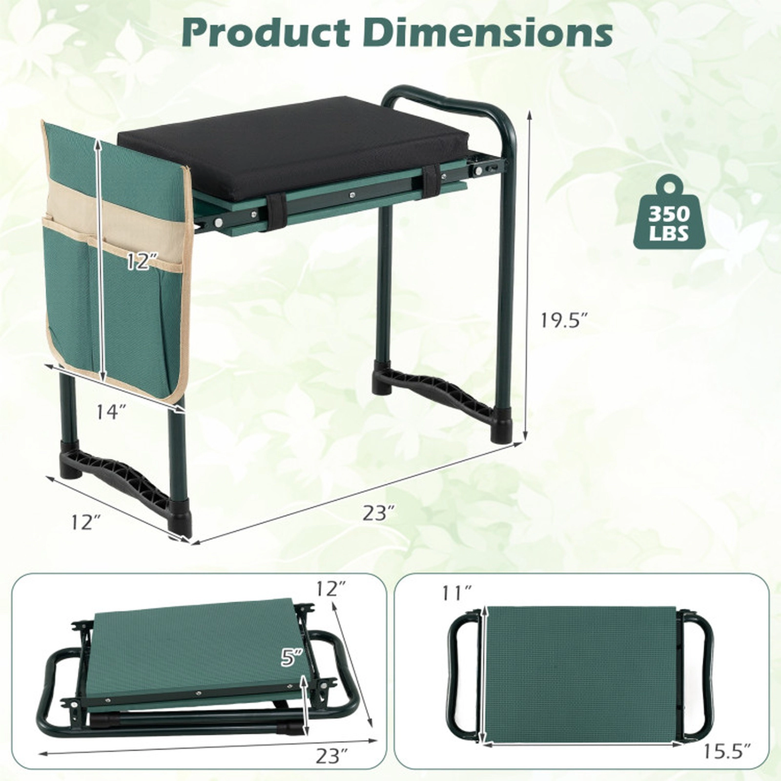 SUGIFT Foldable Garden Kneeler and Seat EVA Cushion 350-lb Capacity 23 x 12 x 19.5-in 15.5 x 11-in Seat Green