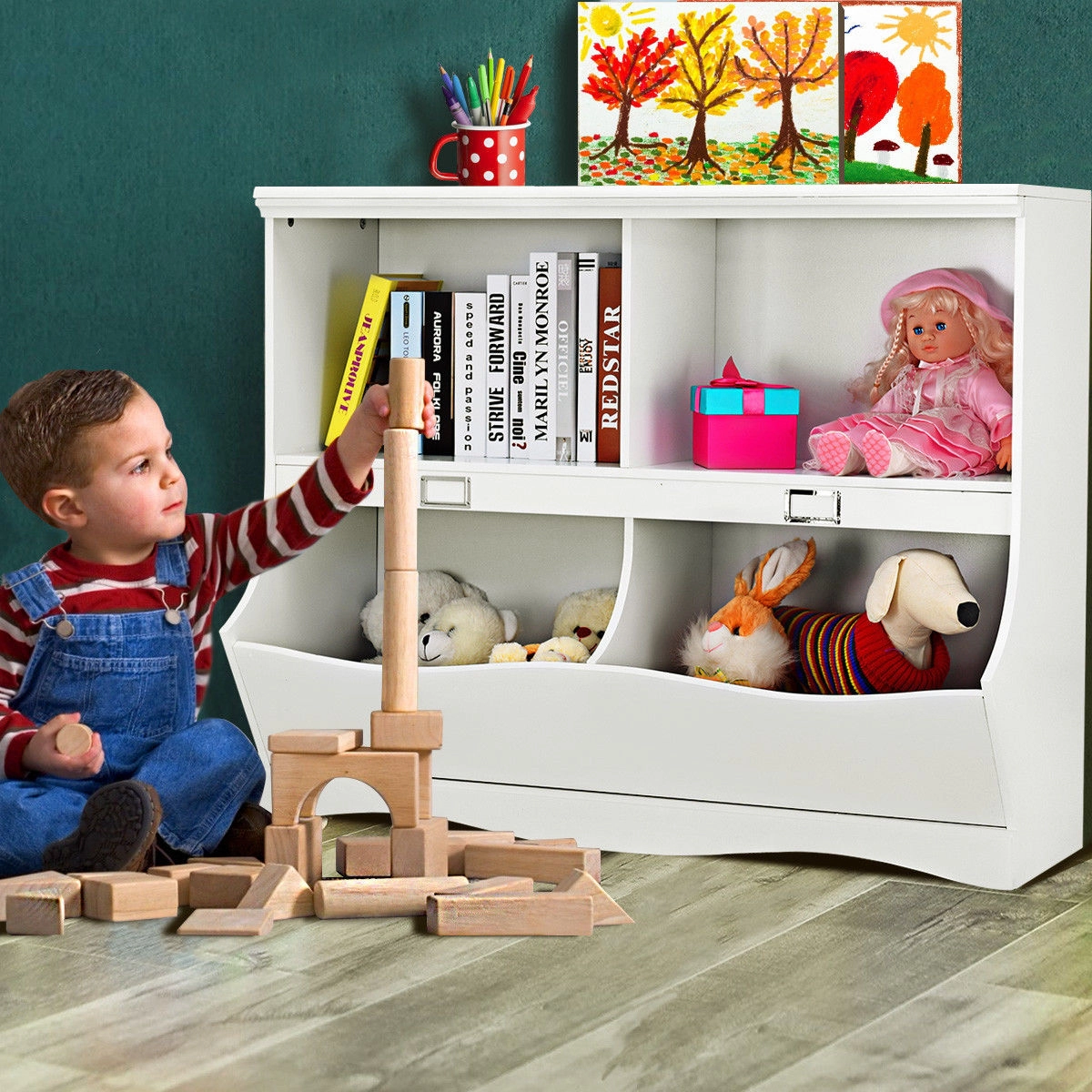 SUGIFT Kids Storage Unit Baby Toy Organizer Children Bookshelf Bookcase with 2-Tier Open Shelves 33-in Tall White/Brown