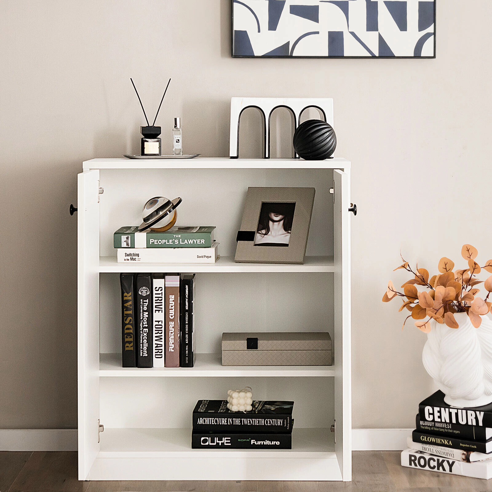 SUGIFT 28-in White Storage Base Cabinet with 2 Doors 3-Tier Shelves and Microwave Stand for Kitchen