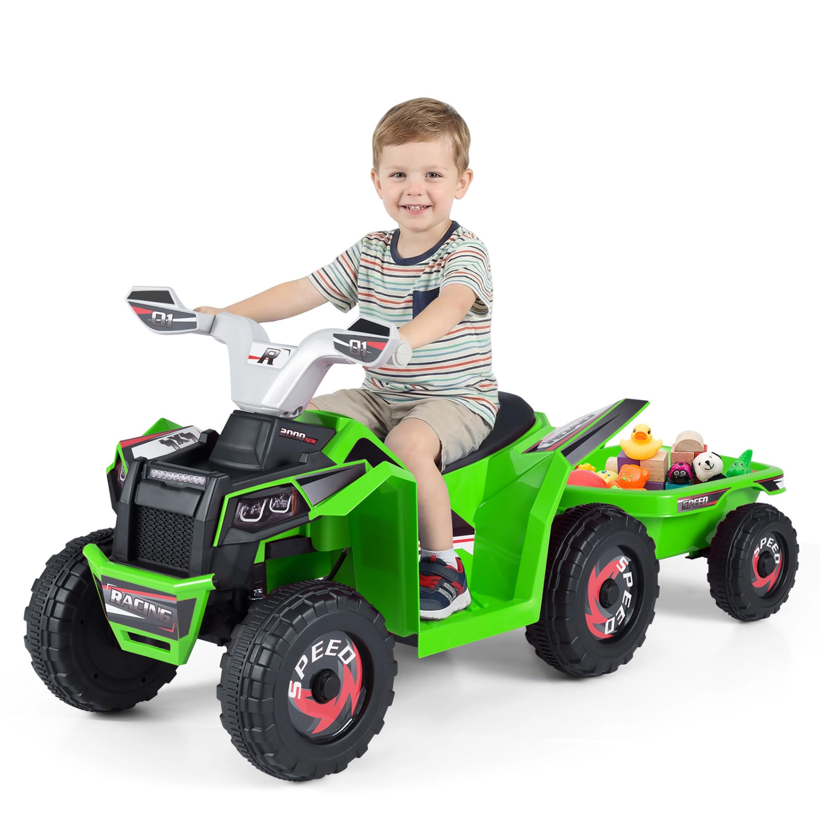 SUGIFT 6V Electric Kids Ride-On ATV Quad Car with Detachable Trailer 66-lb Capacity Ages 3+ Multi-Terrain Wheels Green