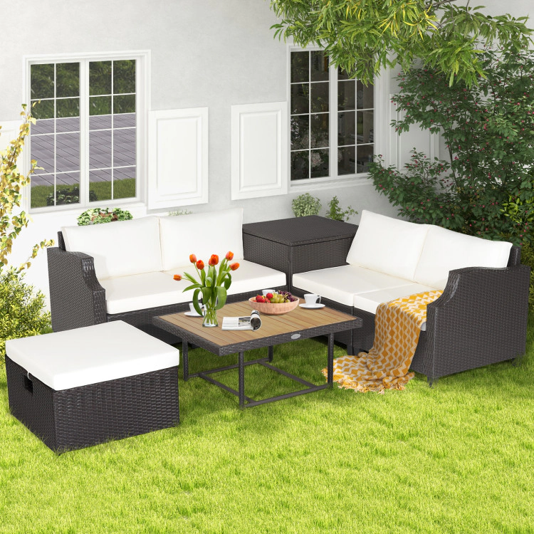 Hivvago 7 Pieces Hand-Woven Wicker Outdoor Furniture Set With Acacia Wood Coffee Table