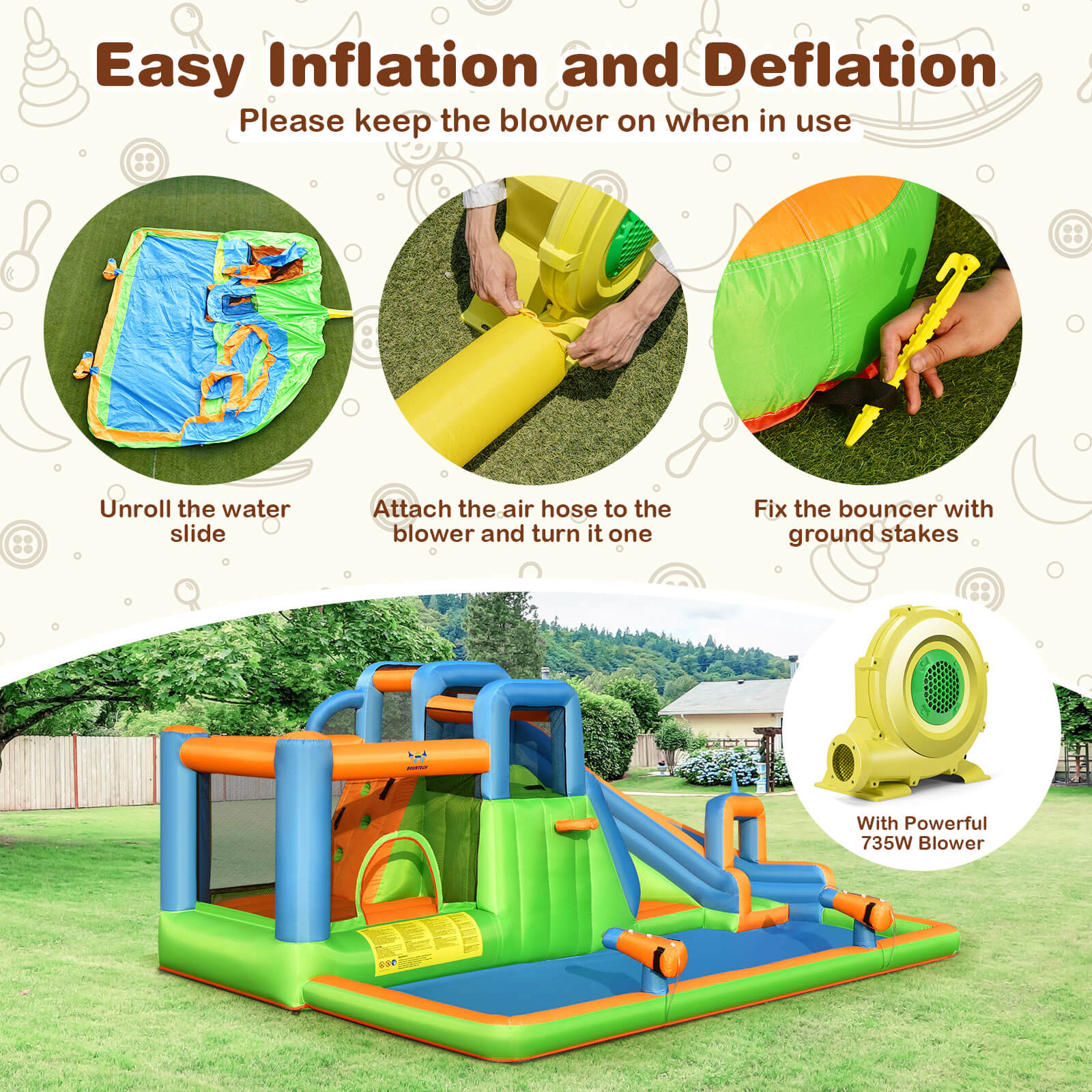 LJG Kids 7-in-1 Inflatable Giant Water Park Bouncer with Dual Climbing Walls and 735W Blower