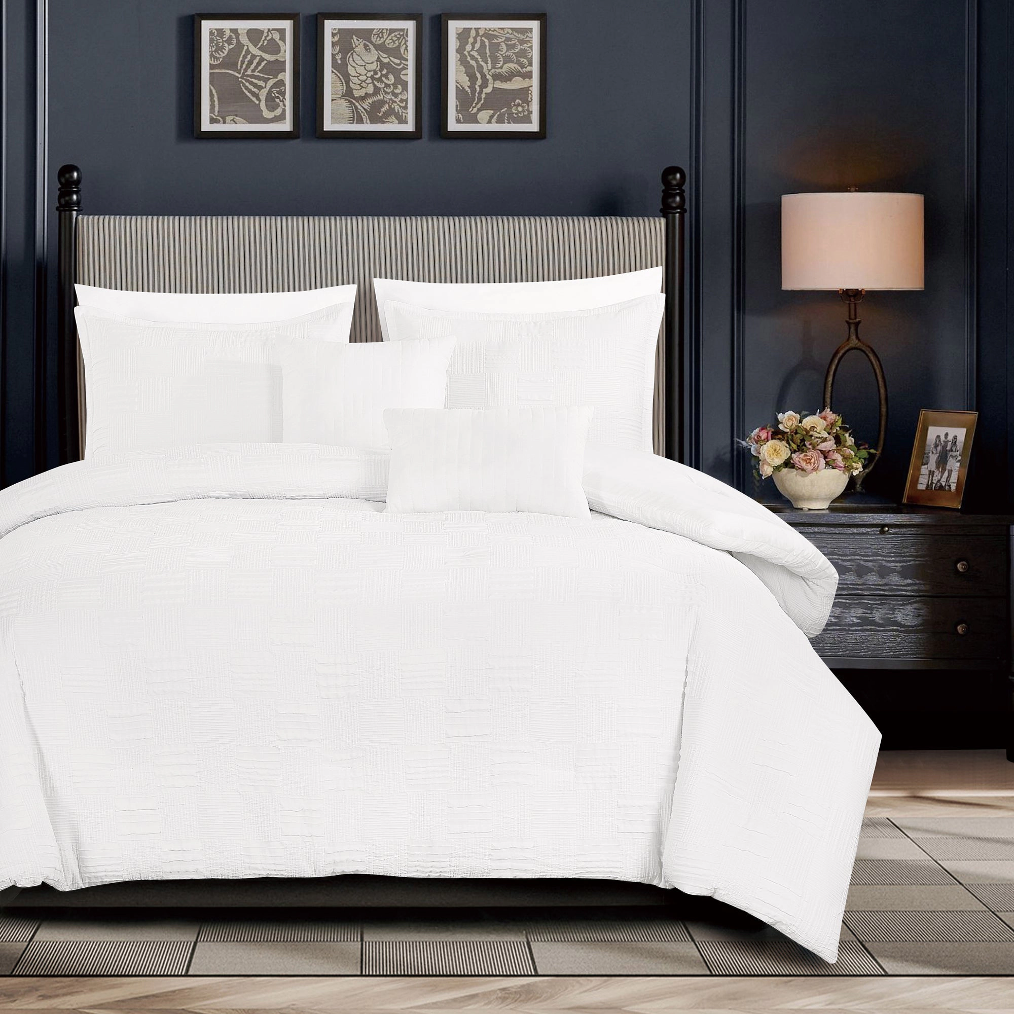 MarCielo 5 Pieces White Geometric Jacquard Comforter Set,Luxurious Breathable Bedding Set