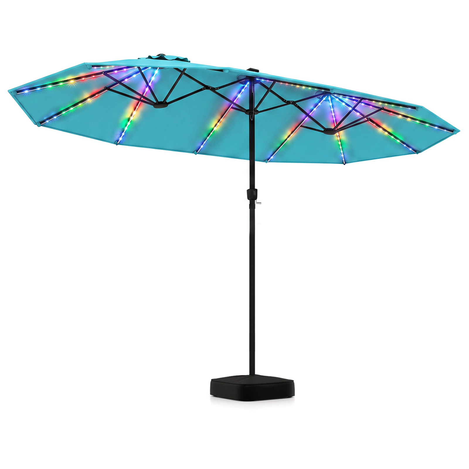 SUGIFT Extra-Large 15.5-ft Patio Umbrella with LED Lights and Base 12 Reinforced Ribs Turquoise