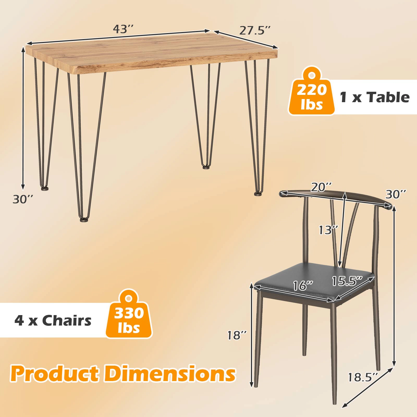 LJG 5-Piece Space-Saving Dining Table Set Industrial Rectangular Kitchen Table and 4 Armless Chairs