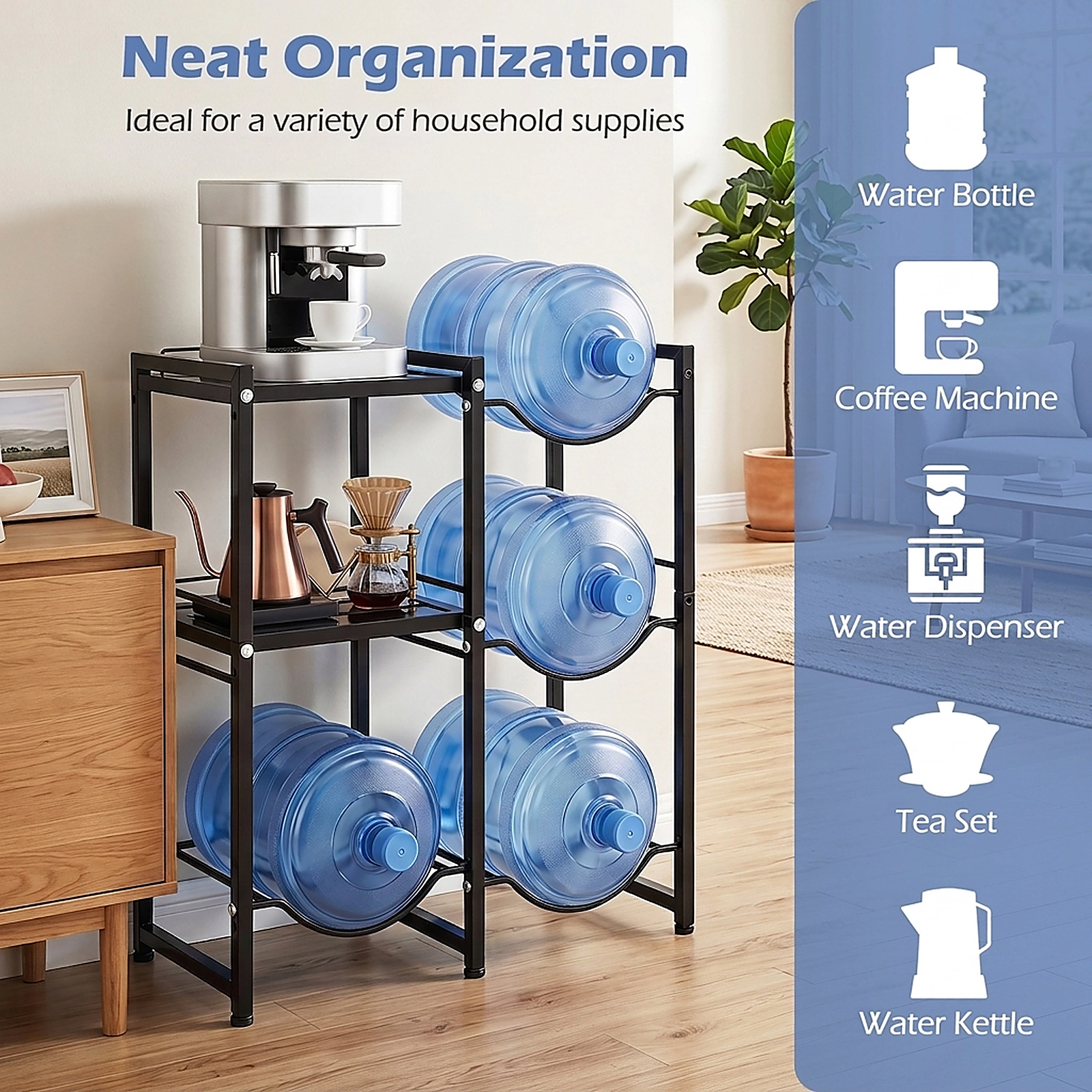 SUGIFT 3-Tier Carbon Steel 5 Gallon Water Jug Holder Storage Rack 25.5-in x 13-in x 30.5-in 45-lb per Shelf Black