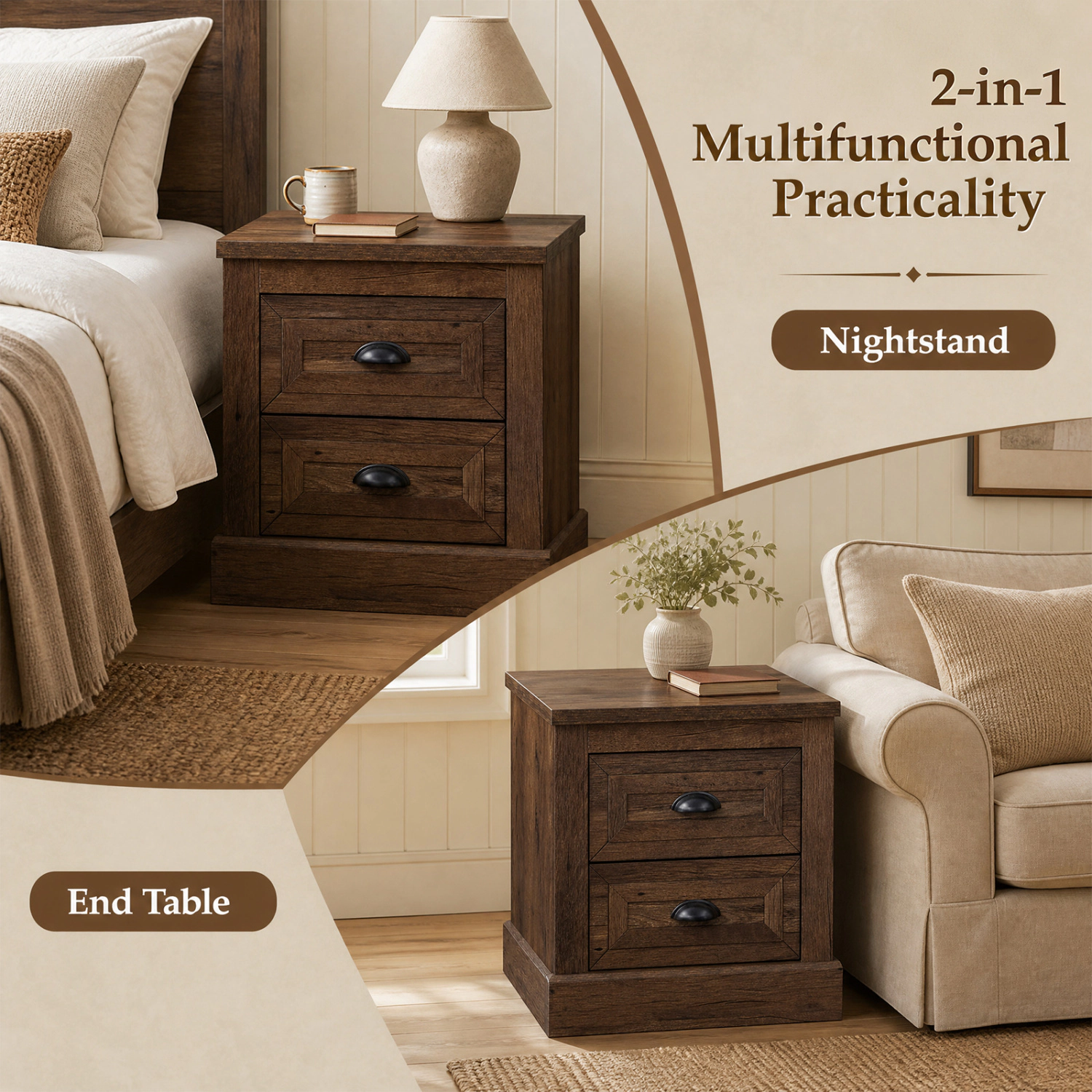 LJG Set of 2 Farmhouse Nightstand with 2 Drawers & Storage for Living Room Bedroom
