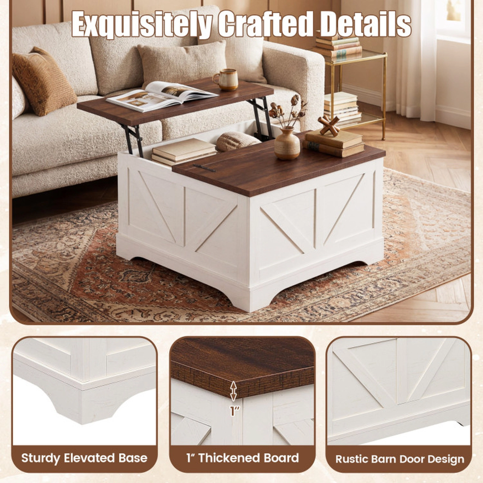 SUGIFT 31.5-in Square 220-lb Capacity Rustic Brown Farmhouse Barn Door Coffee Table with 24-in Lifting Top