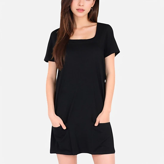 Anna-Kaci Women's Square Neck Short Sleeve Front Pockets Shirt Dress
