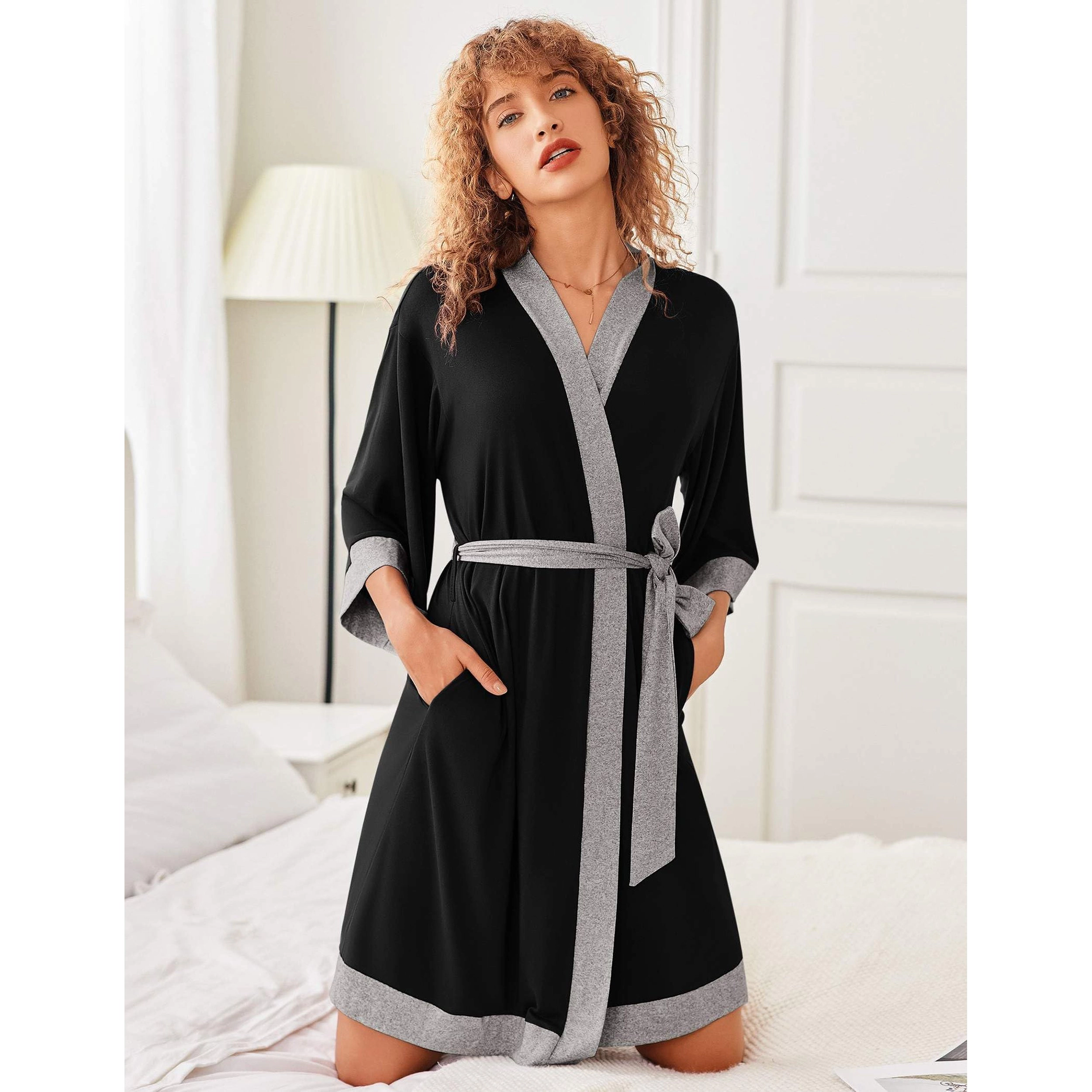 Ekouaer Robes for Women Knee Length Bathrobe Lightweight Kimono Robe 3/4 Sleeve Sleepwear
