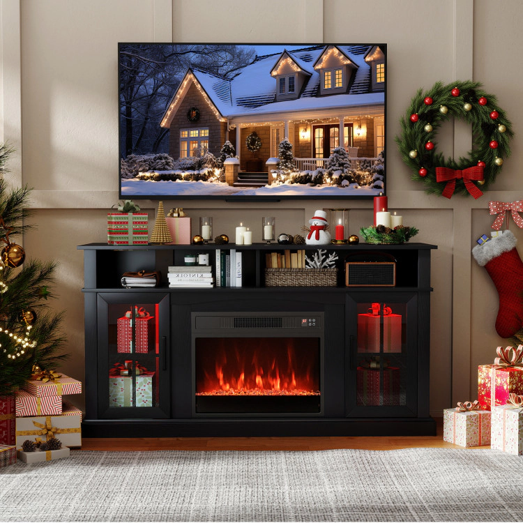 Hivvago 58 Inch Fireplace Tv Stand With Led Lights Storage Cabinets And Glass Doors