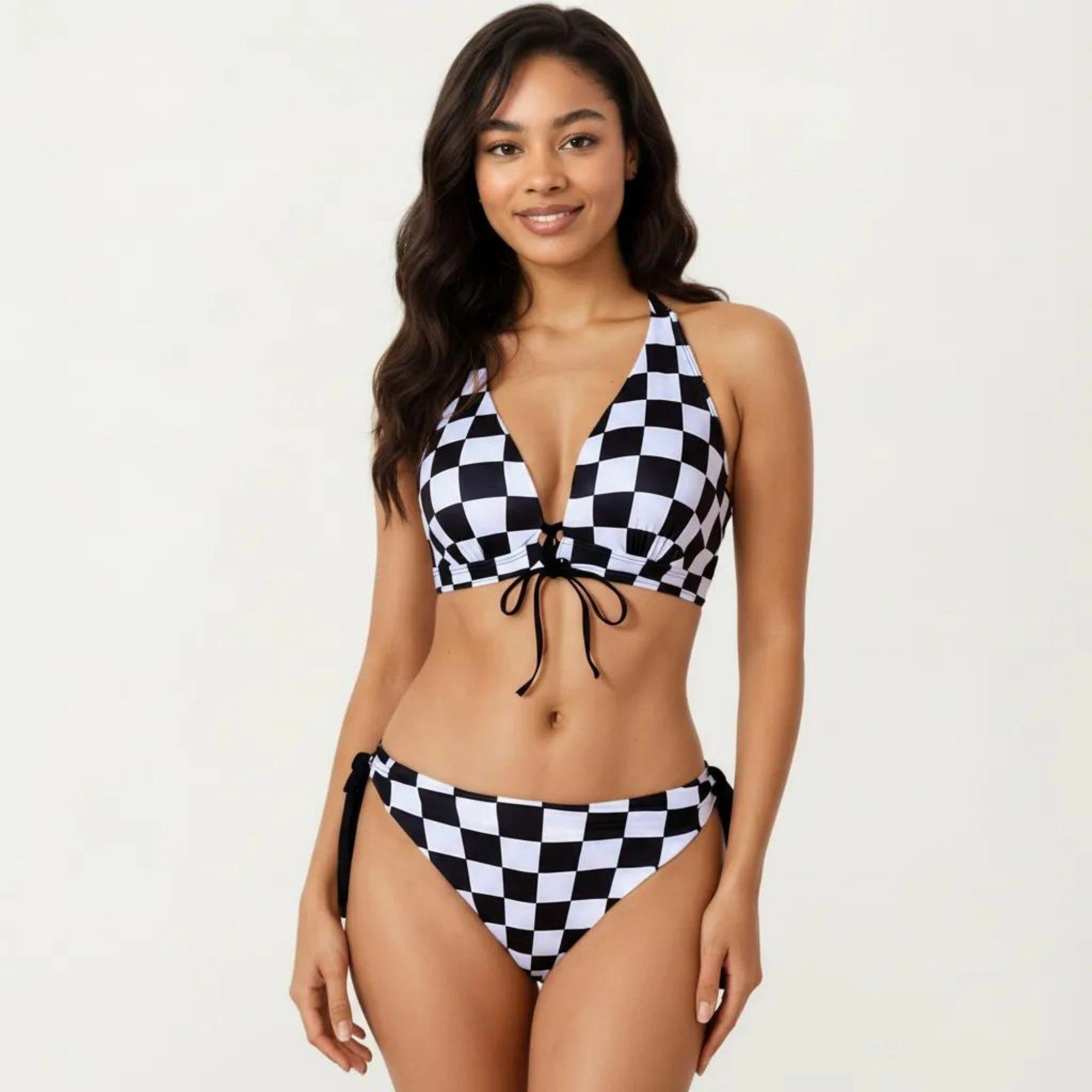 Anna-Kaci Women’s 2-Piece Checked Bikini Set Halter Triangle Top with Front Tie, High-Waist Tie-Side Bottoms