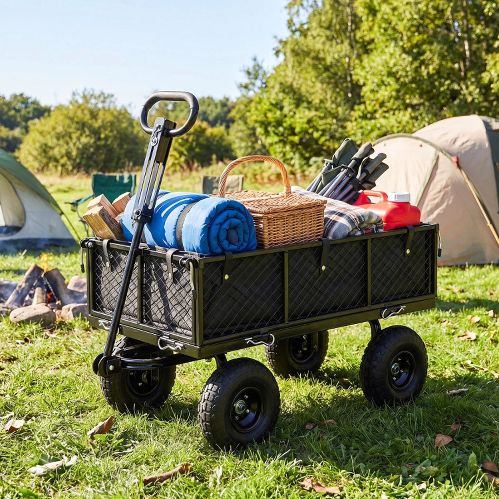 SUGIFT Black 880-lb Capacity Steel Garden Cart Utility Wagon with Mesh Sides Oxford Liner and Tires