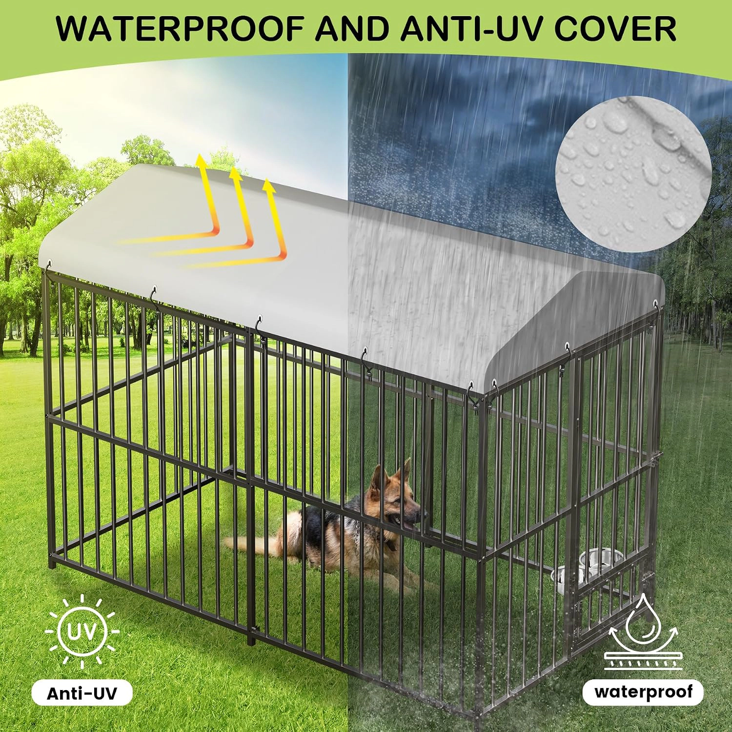 8x4x6 FT Outdoor Dog Kennel, Metal Pet Enclosure with Waterproof Roof & Swivel Feeder