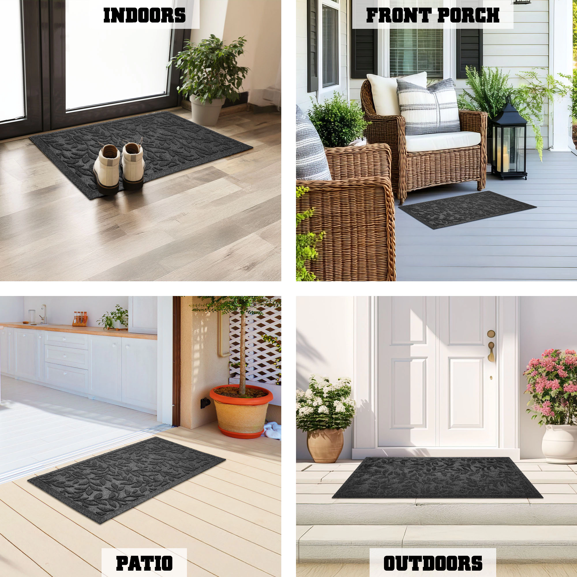 G128 Grey Leaves Door Mat 17x29.5 in - Natural Rubber Non-Slip Backing, Indoor/Outdoor