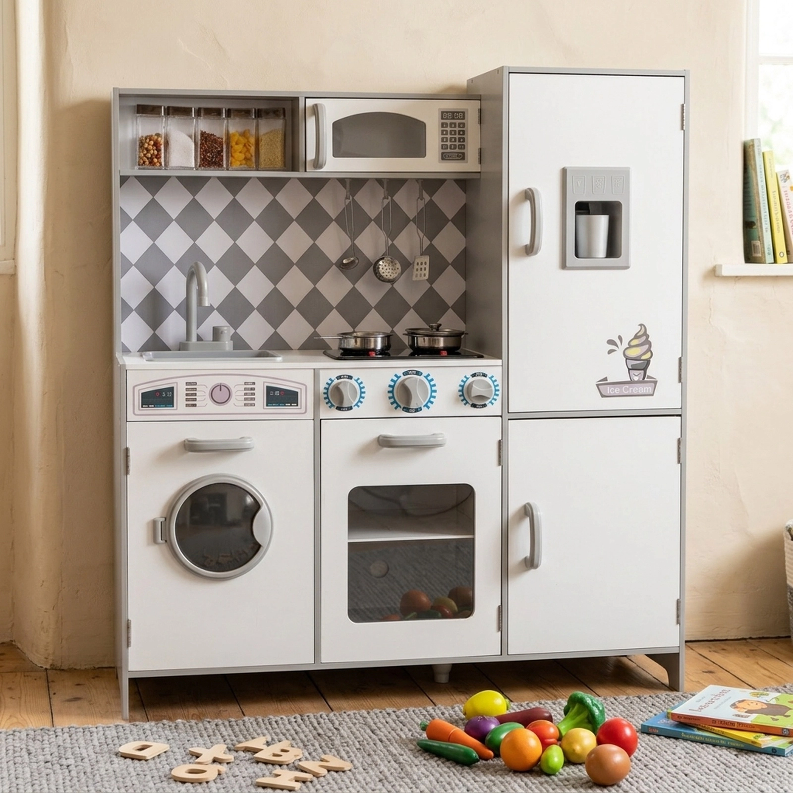 Pretend Play Kitchen for Kids with Light Up Stove Real Sounds Washing Machine and Ice Maker 36-in x 12-in x 40-in White