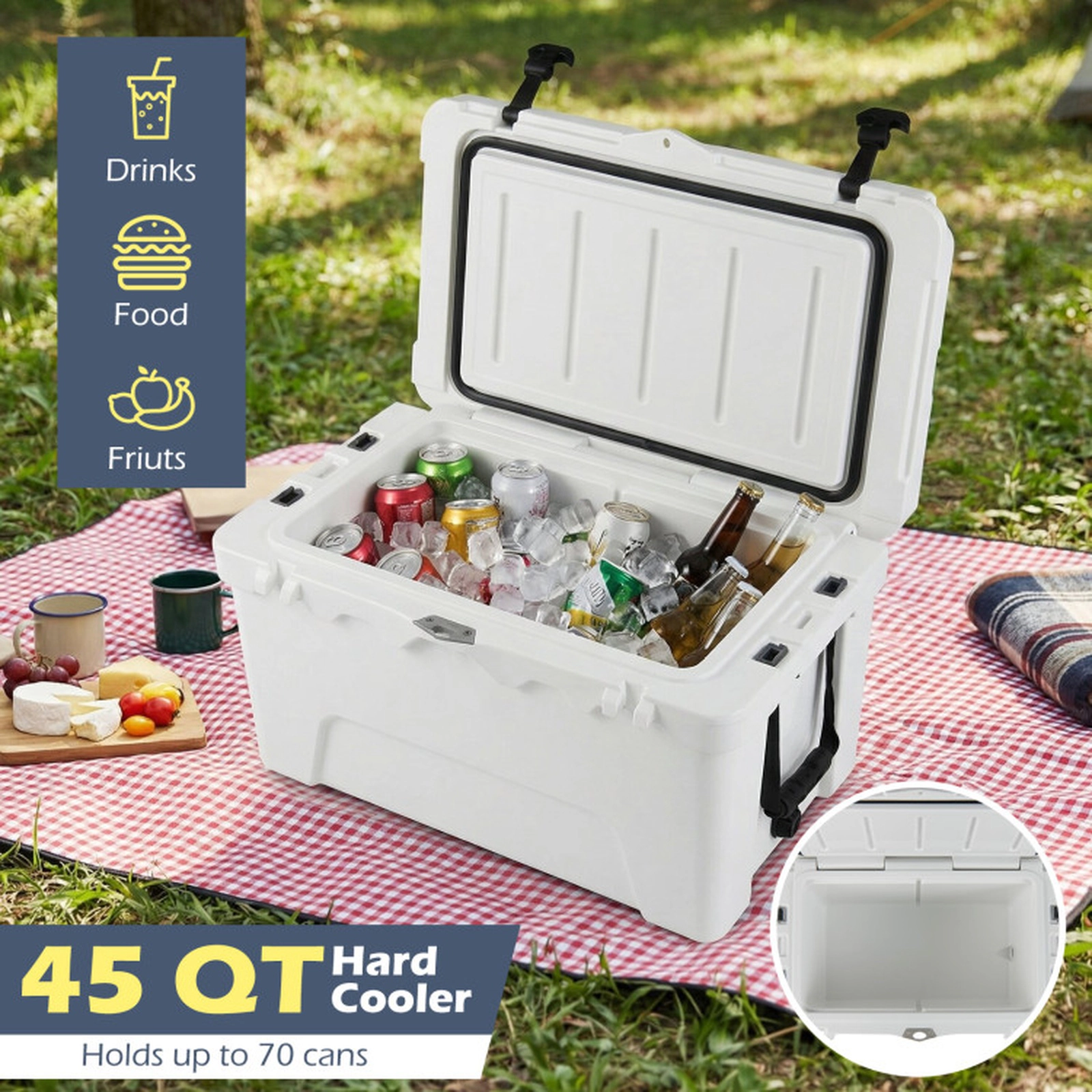 SUGIFT 45 Quart Portable Hard Cooler Insulated Ice Chest 440-lb Top Load Capacity 6-Day Ice Retention White