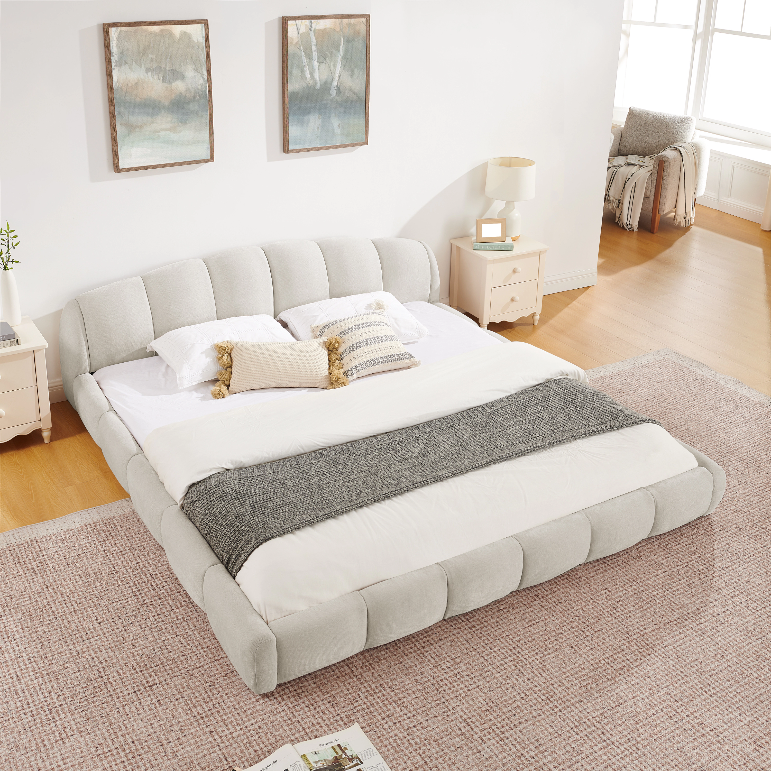 Flynama King Chenille Platform Bed, Thick Curved Headboard & Footboard, Low Profile, Beige