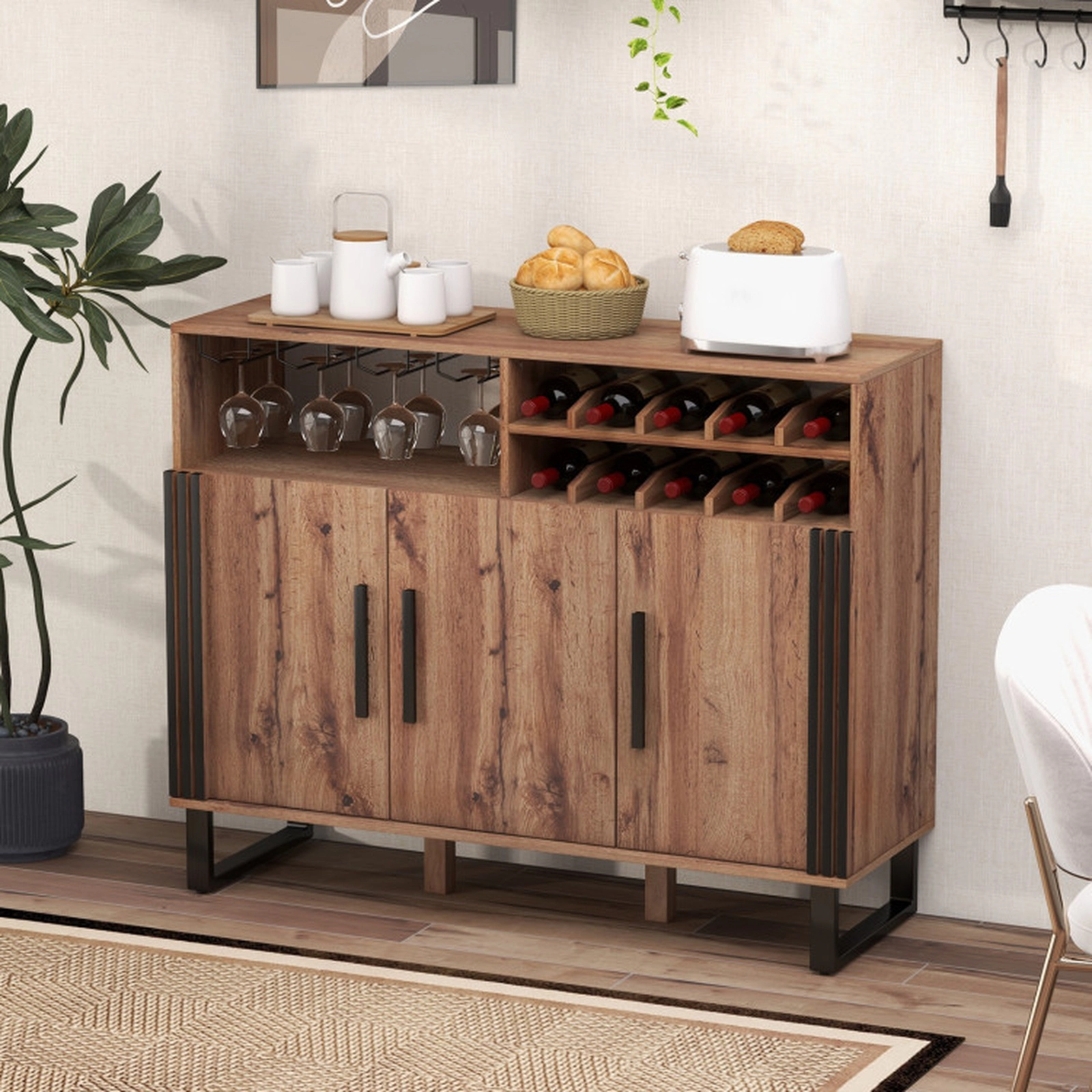 SUGIFT 3-Door 2-Tier Wine Rack 4-Row Glass Holder Home Bar Cabinet 47-in x 16-in x 37.5-in 110-lb Capacity Brown