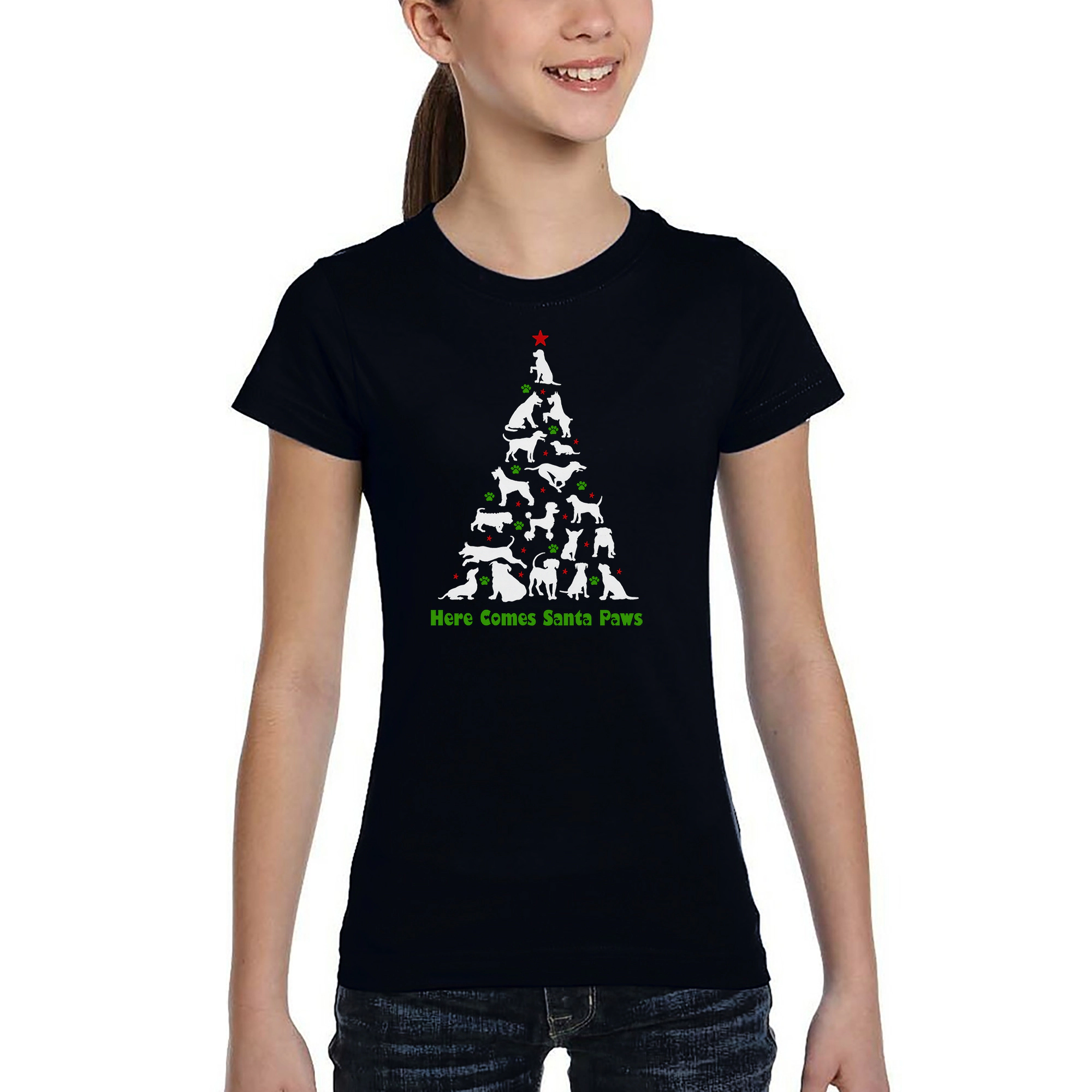 LA Pop Art Girls Word T-Shirt - Here Comes Santa Paws