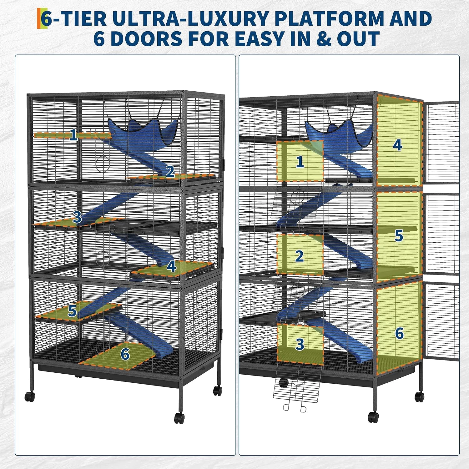 Multi-Tier Metal Ferret Cage, Small Animal Enclosure Half-Inch Grid with Platforms Ramps & Casters