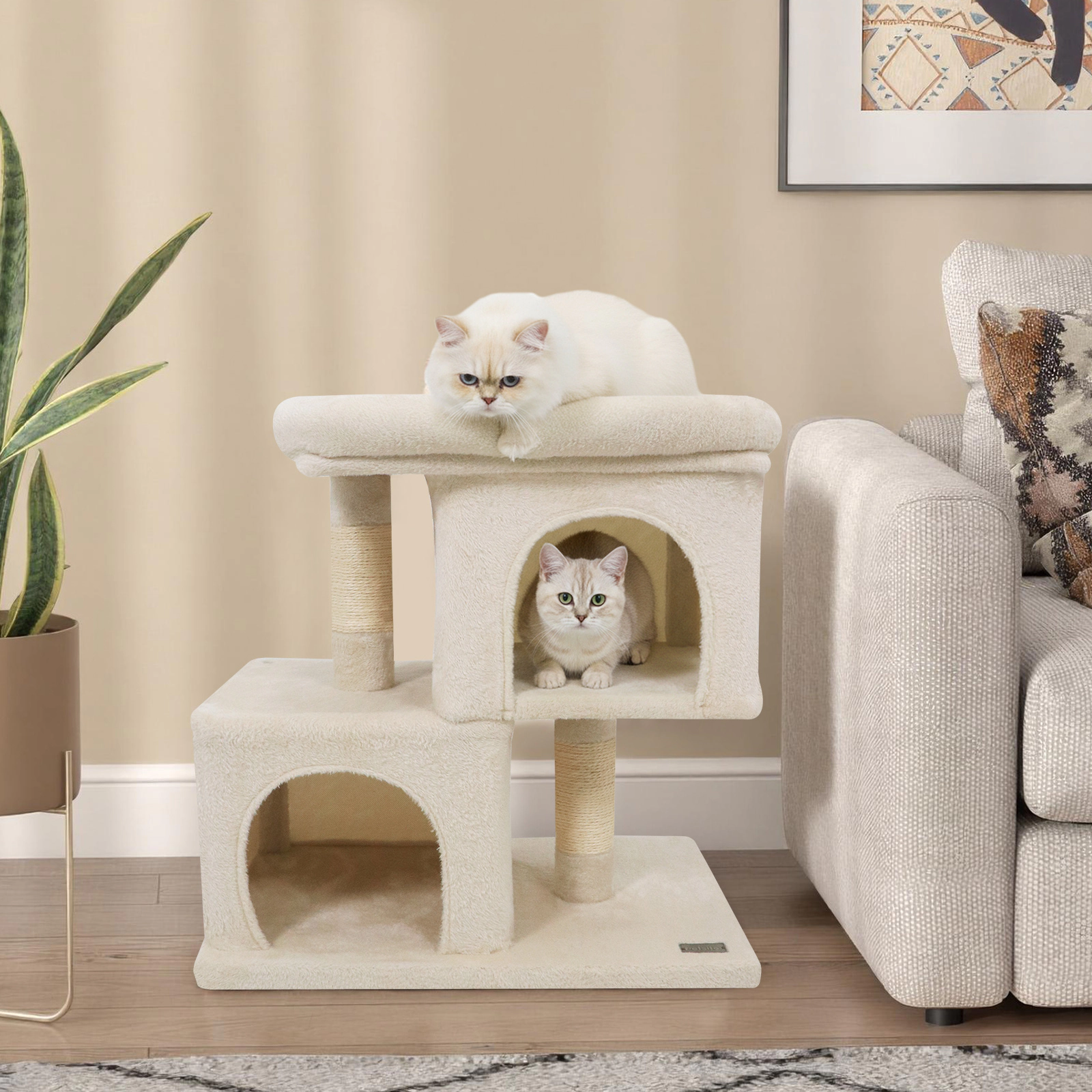 Glintex 25.5-Inch Space-Saving Cat Tower with Upholstered Perch and 2 Condos