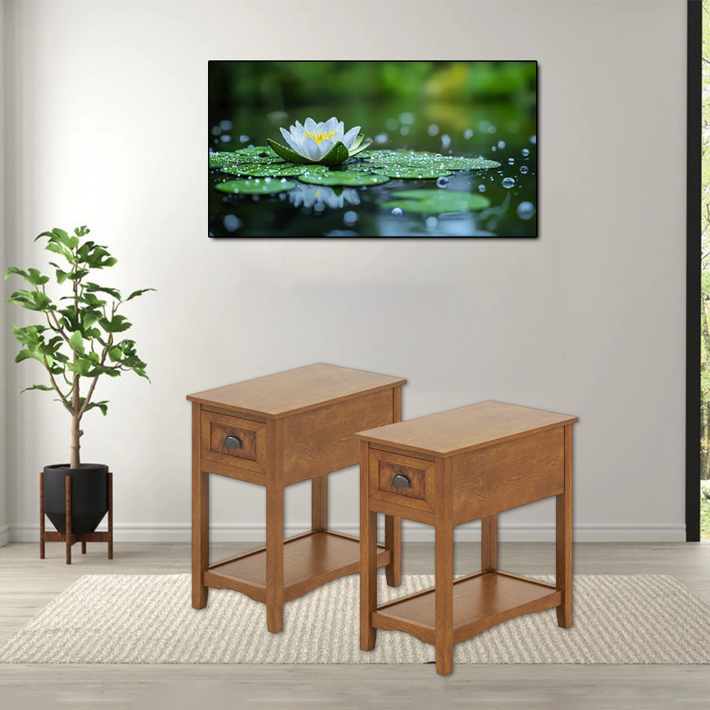 Hivvago Set of 2 Retro Slim End Tables with Drawer and Storage Shelf
