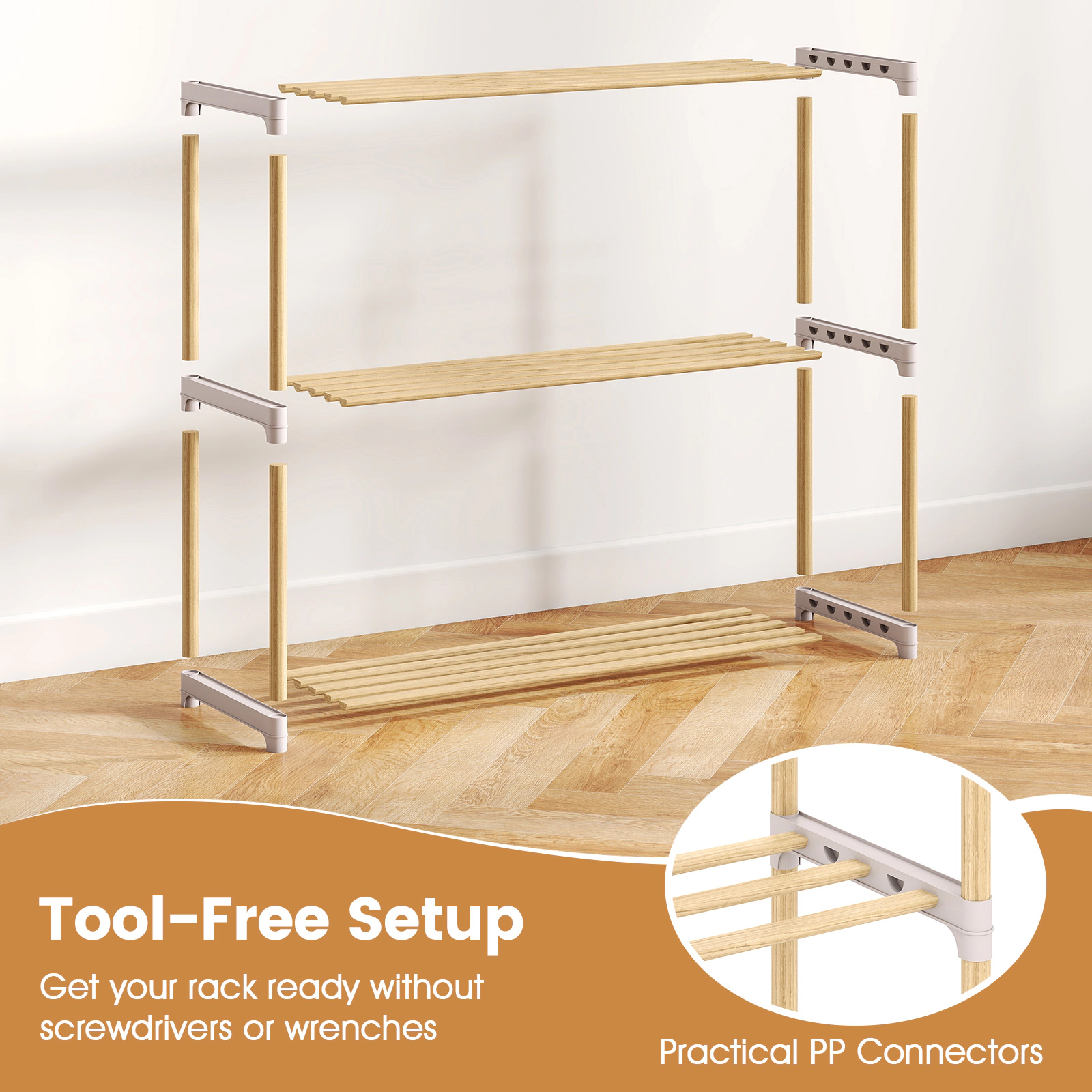 SUGIFT 3-Tier Natural Solid Wood Free Standing Slatted Shoe Rack Organizer for Entryway and Closet