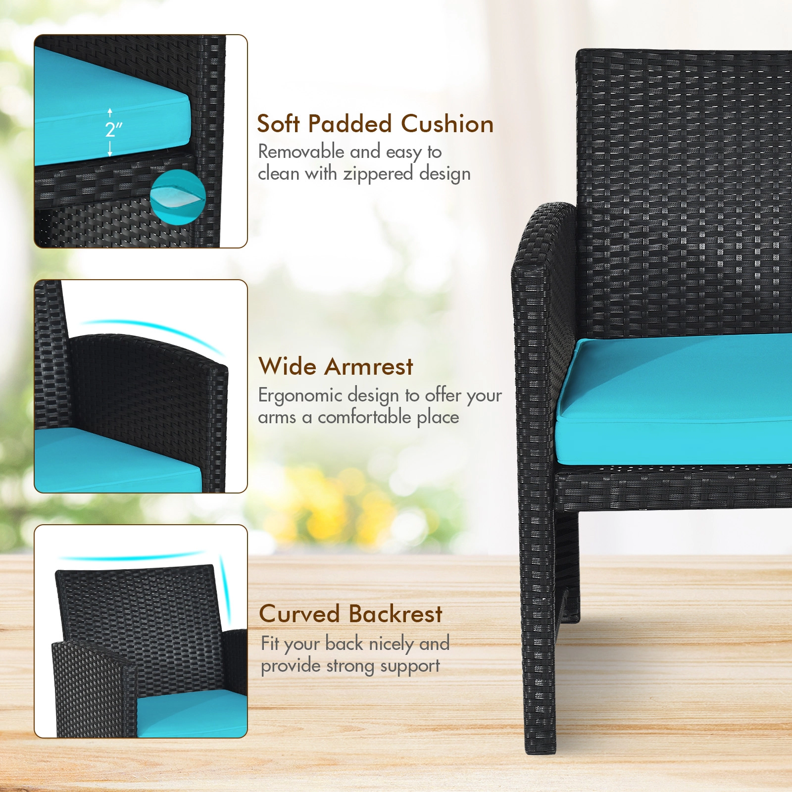 SUGIFT 4-Piece Black Patio Conversation Set with 43.5-Inch Loveseat, 2 Armchairs and Glass Table