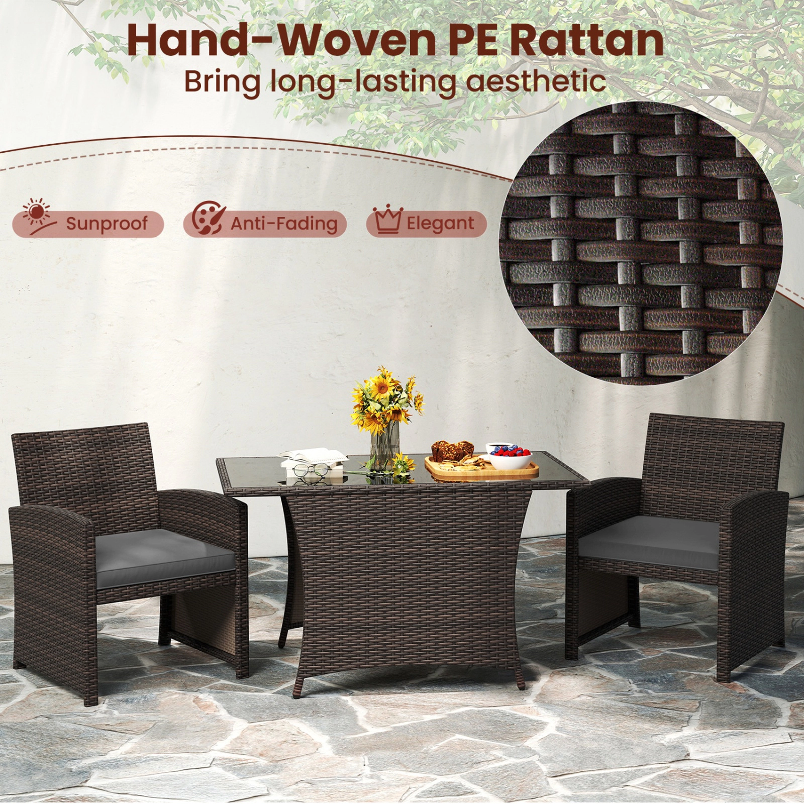SUGIFT 3-Piece Gray Wicker Patio Dining Set, 44-In Tempered Glass Table and 2 Cushioned Chairs