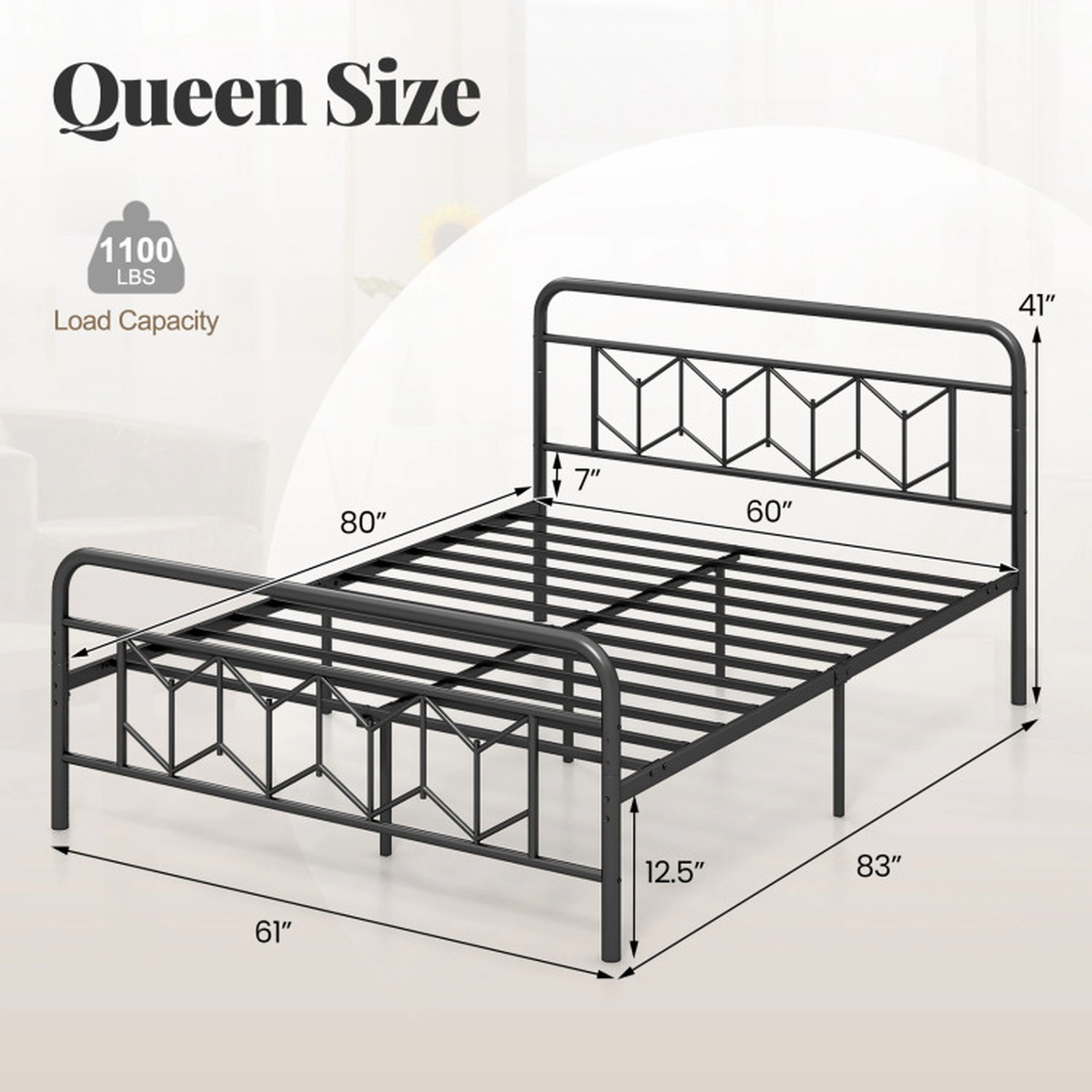 SUGIFT Black High Headboard and Snap Lock Slats Queen Size Metal Platform Bed
