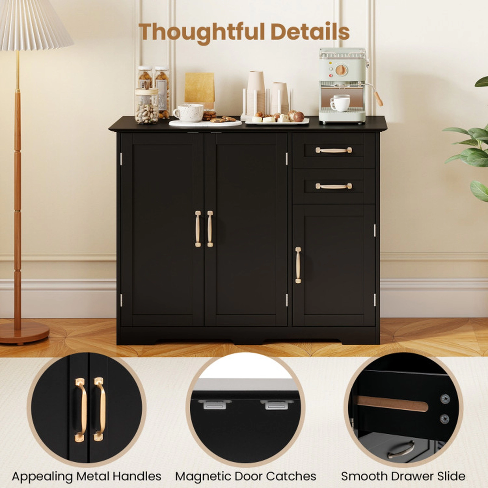 SUGIFT 40-in 120-lb Countertop Black Modern Sideboard Buffet Cabinet with 2 Drawers and Adjustable Shelf
