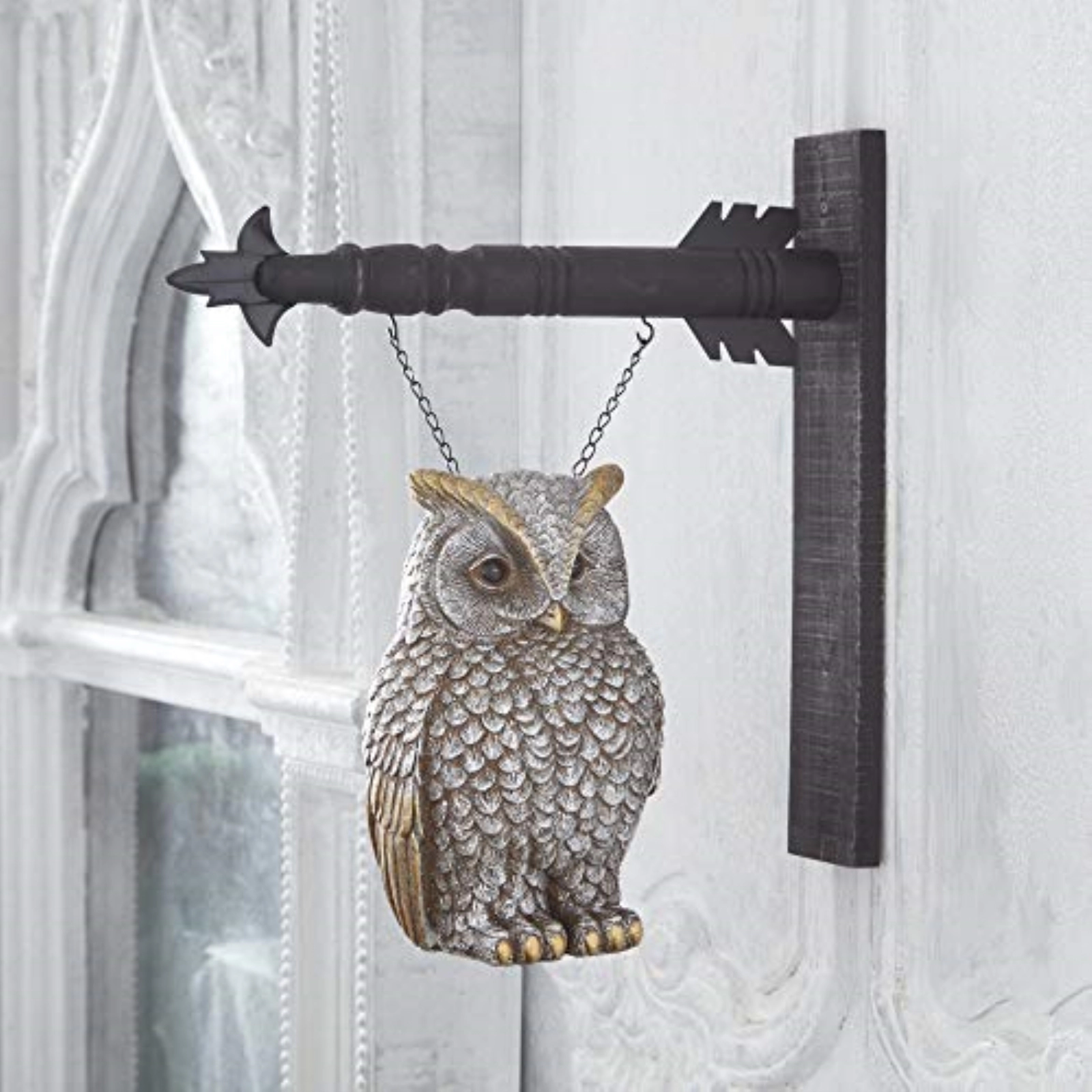 K&K Interiors Silver and Gold Metallic Resin Owl Arrow Replacement Sign 11.5 inch - Arrow Sold Separately