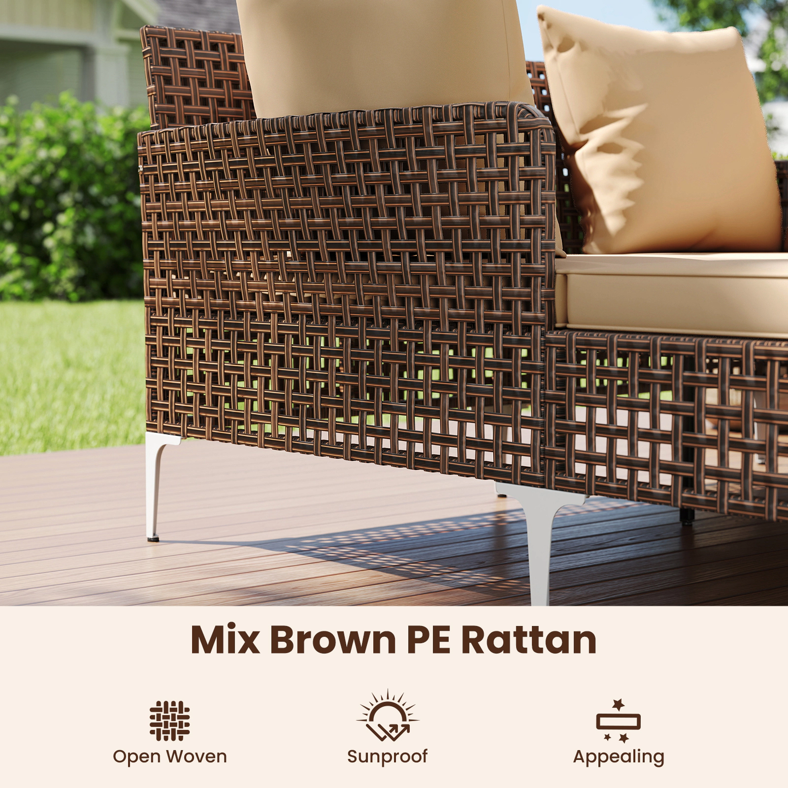 SUGIFT Outdoor Rattan Double Daybed for 2, Brown, with Cushions and Metal Frame