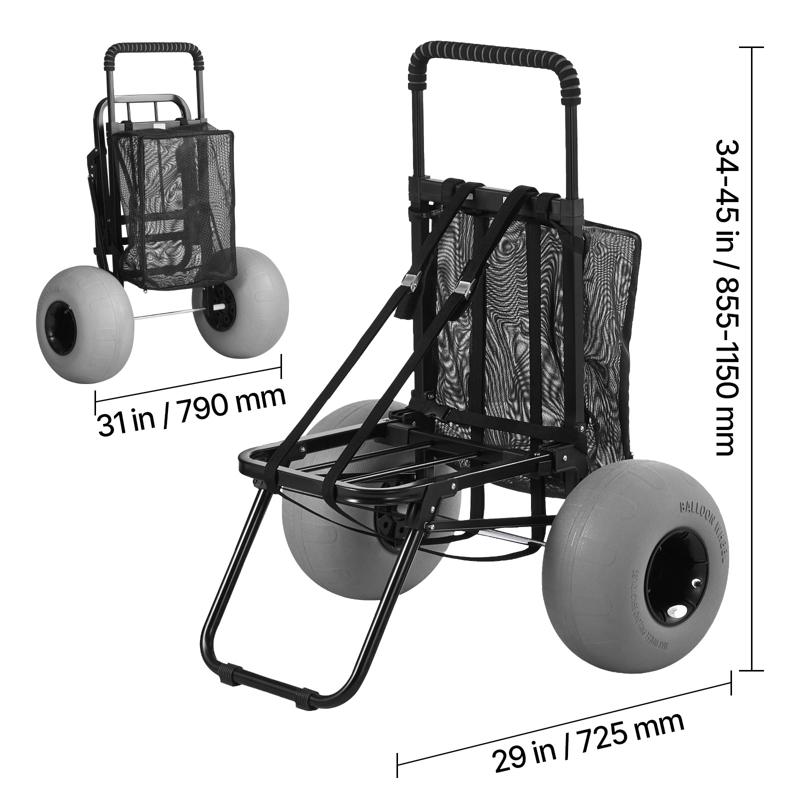 HONGGE Heavy Duty Folding Sand Cart with 12" Balloon Wheels for Beach Camping, 165 lbs Load Capacity