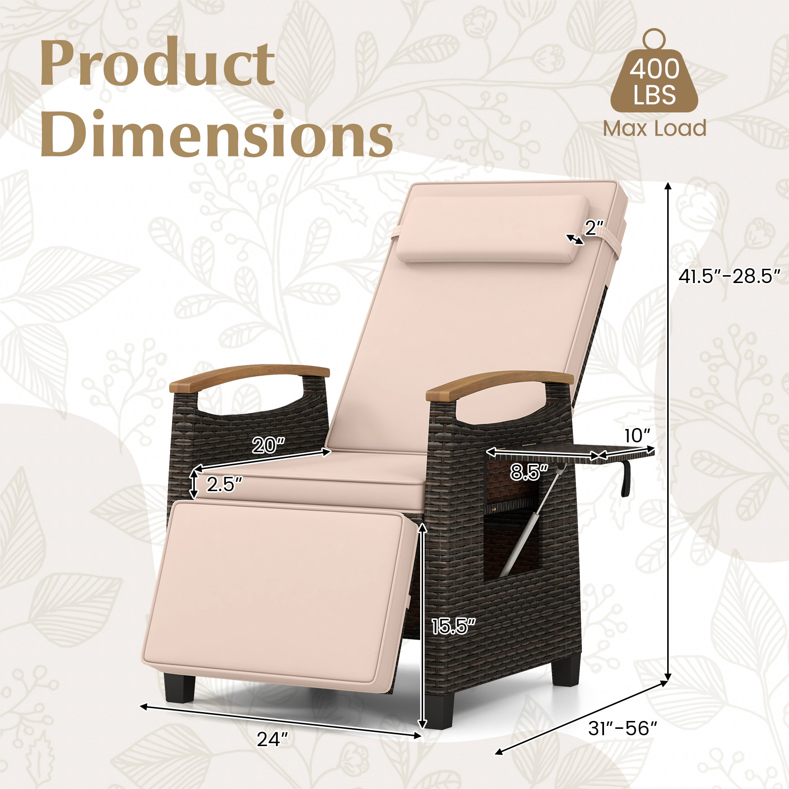 SUGIFT Brown PE Rattan Reclining Patio Chair with Footrest, Headrest and Arm Tray